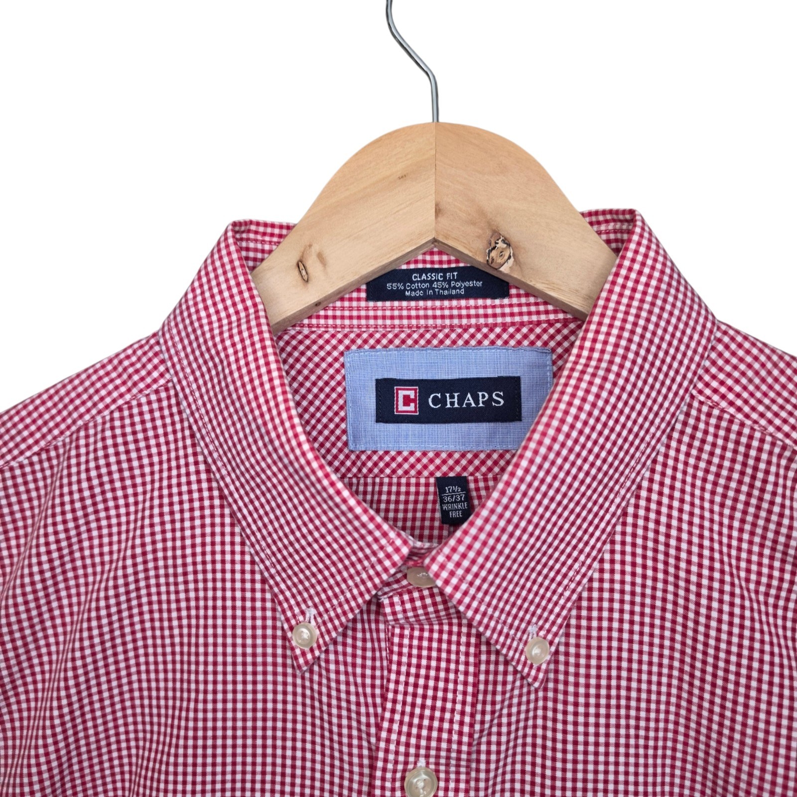 Chaps Shirt Mens 17.5 36/37 Red Check Button Down Classic Fit Wrinkle Free