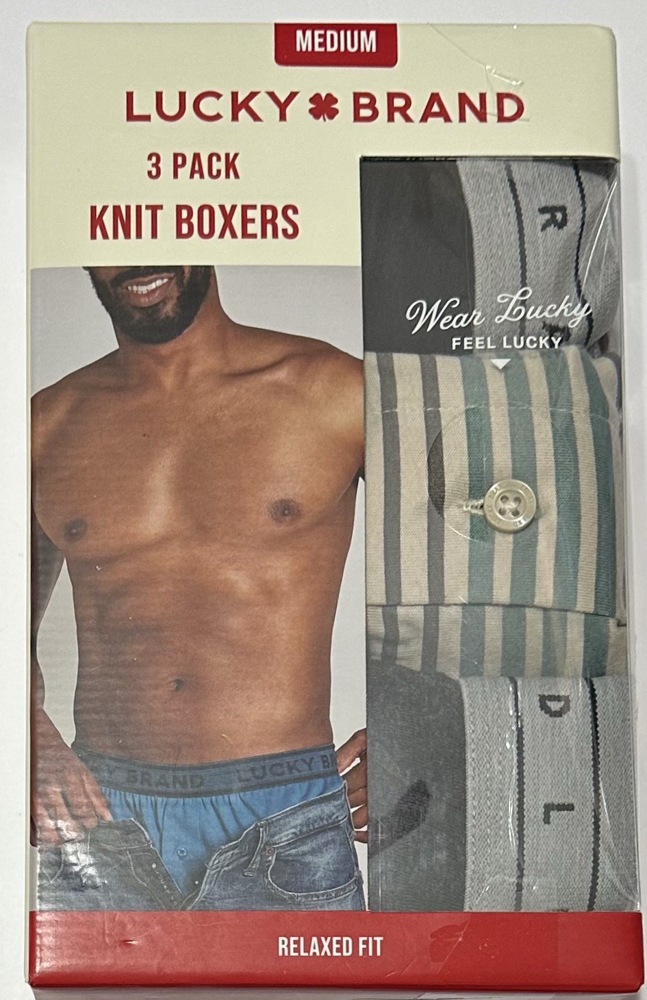 Lucky Brand 3 Men’s Button Fly Knit Boxers Medium (32-34) Gray/Black/Stripe