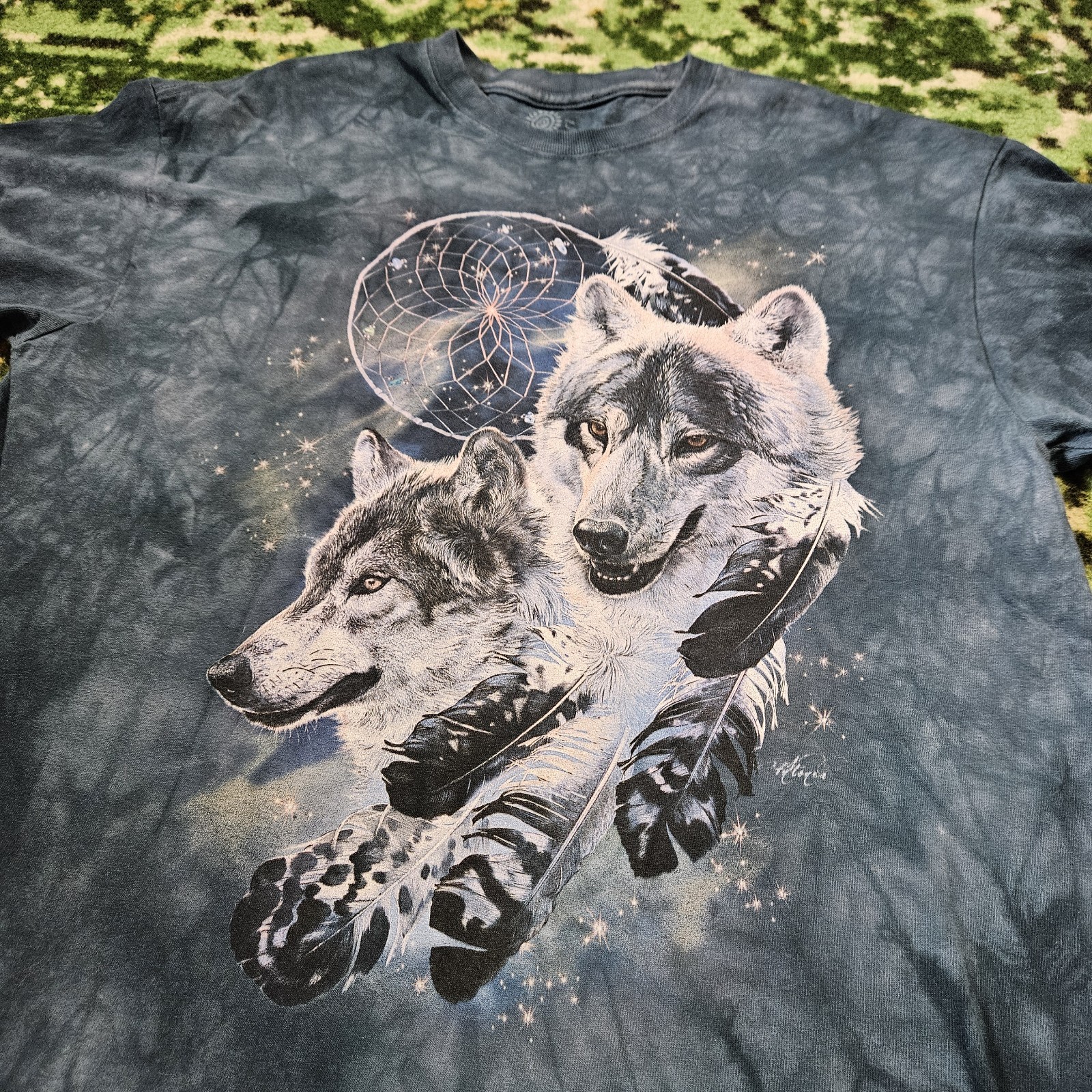 Y2K The Mountain Wolves Shirt Howling Moon Antonia Neshev AOP Blue Tie Dye Large
