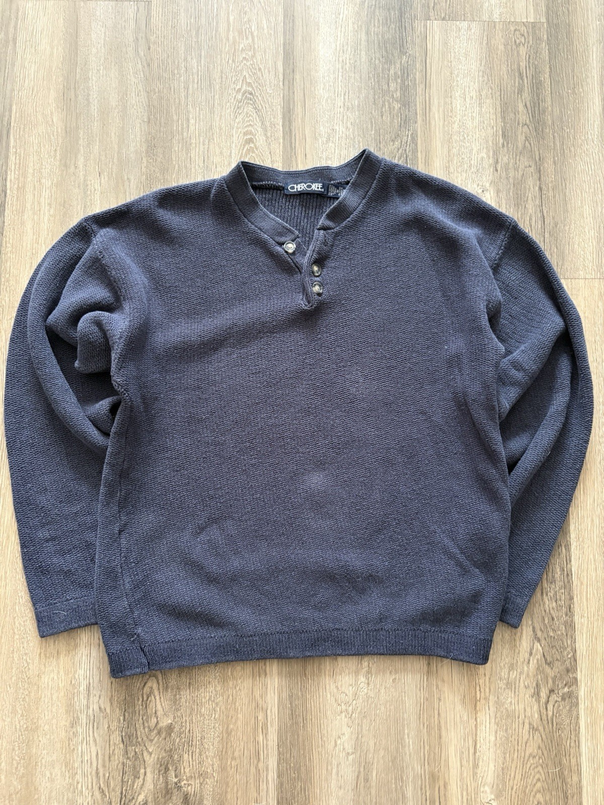 Vintage Cherokee Men’s M Blue Cotton Knit Henley Button Neck Long Sleeve Sweater