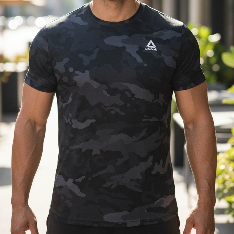 Reebok Mens Black Camo Performance Training T-Shirt Crew Neck Delta Logo Active