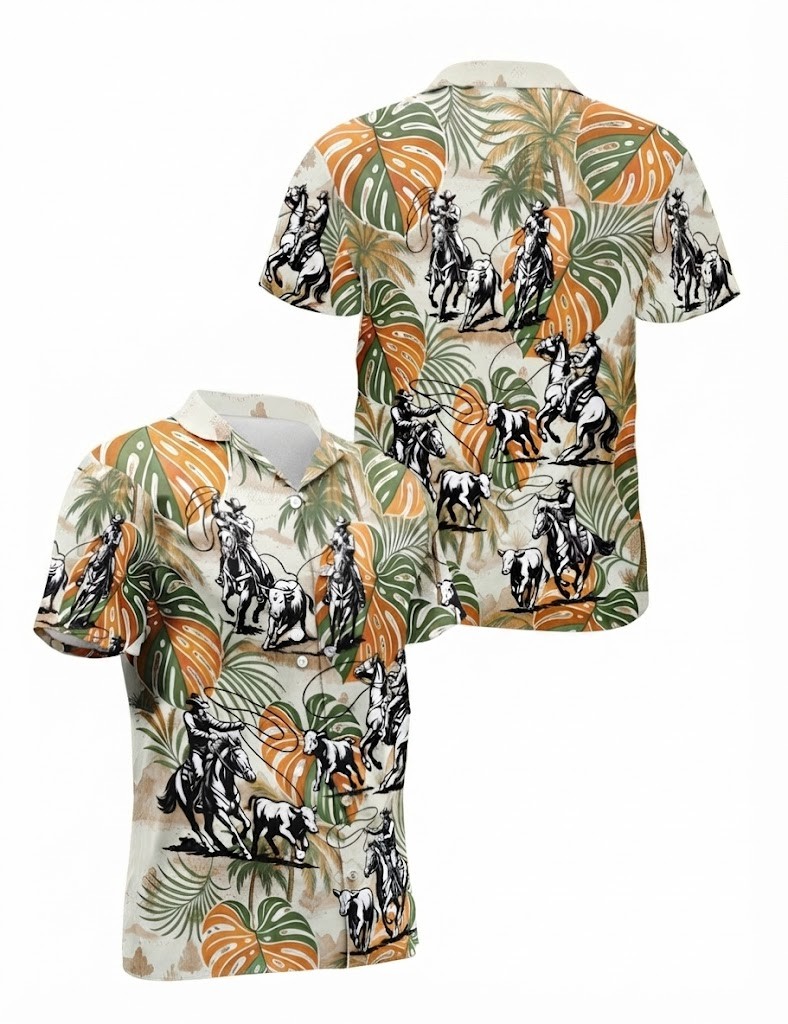 Team Roping Rodeo Aloha Western Cowboy Button Down Summer Hawaiian Shirt