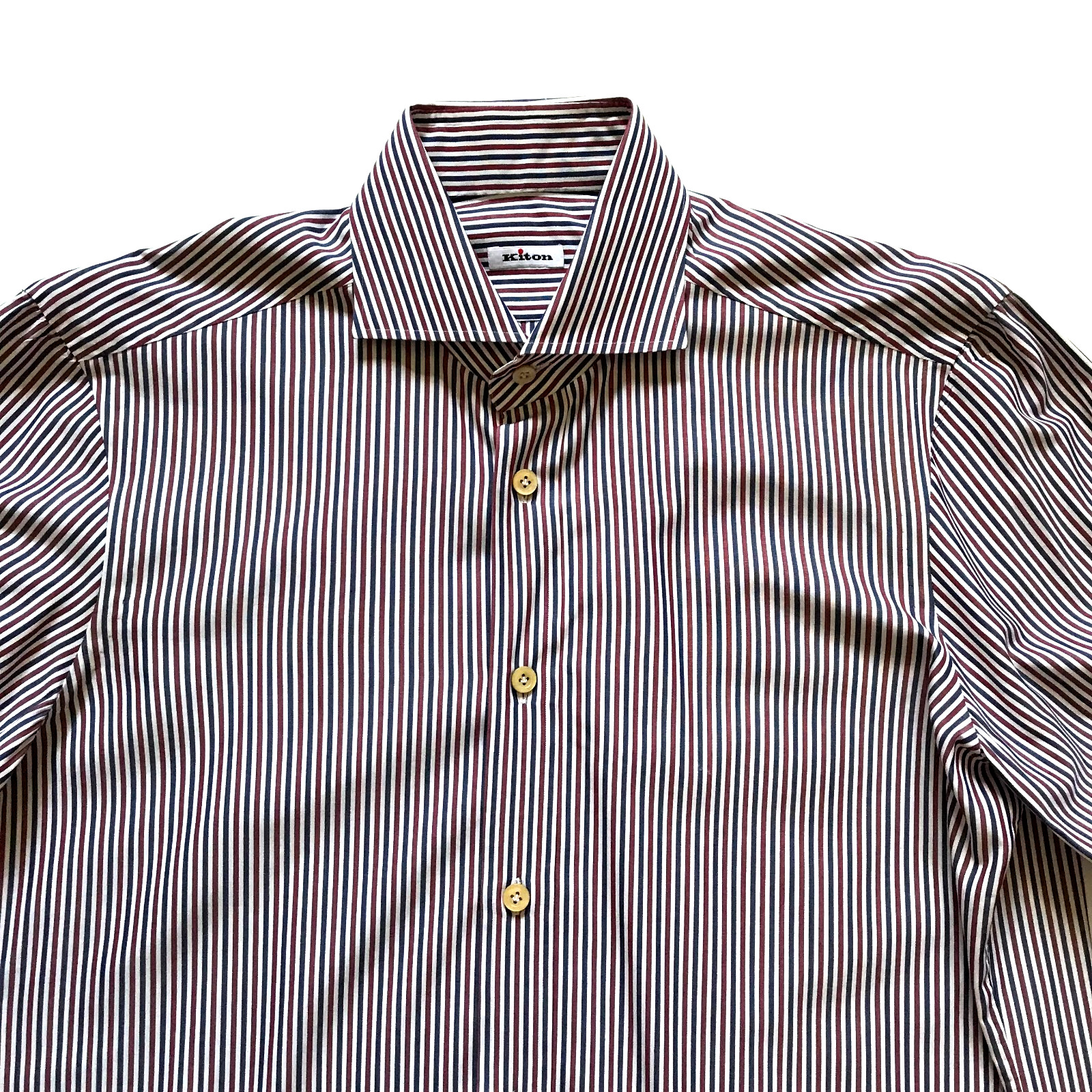 KITON Button Down Sport Shirt Mens 40 16 Red White Blue Stripe Print Long Sleeve