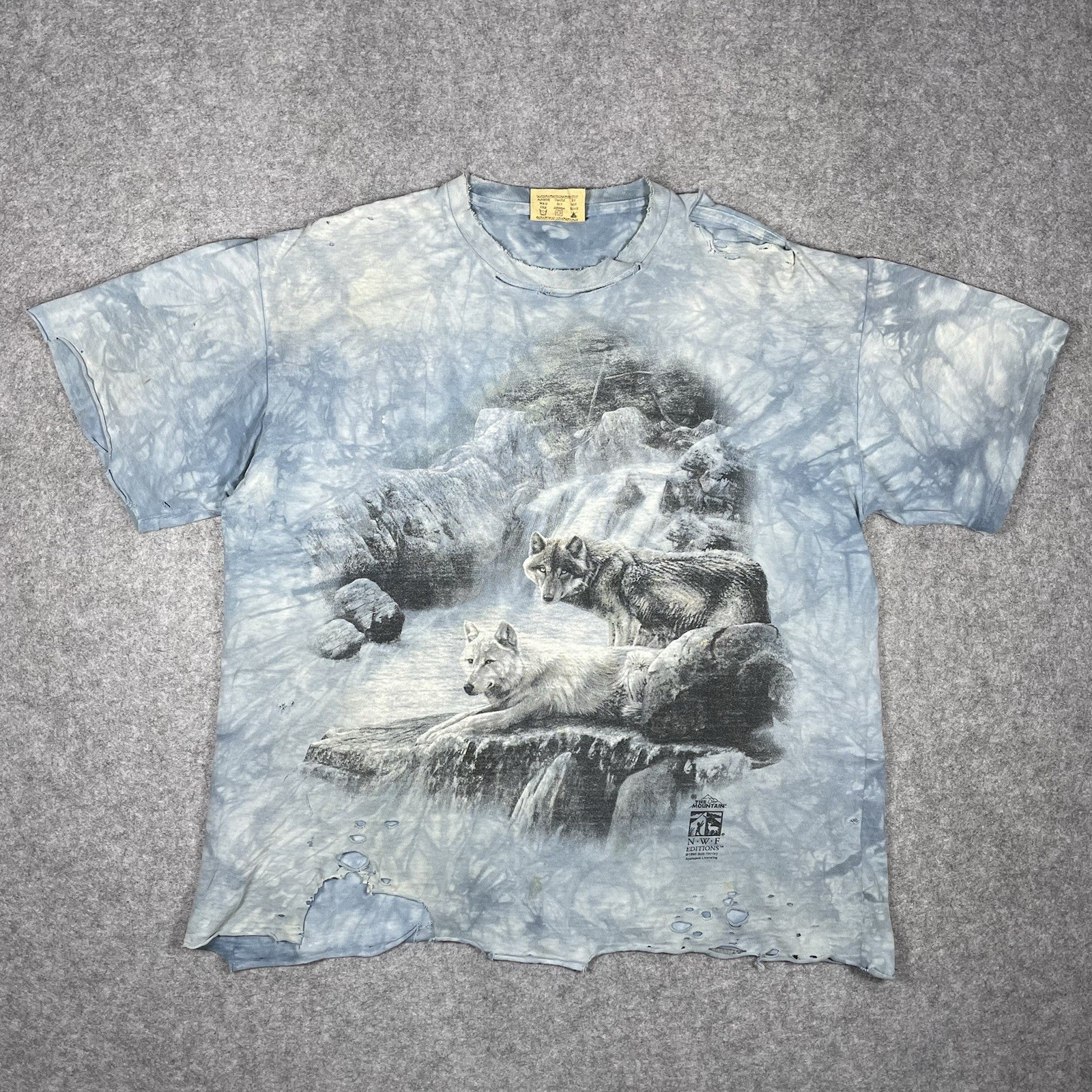 Vtg The Mountain Wolf Distressed Large Blue Tie Dye Waterfall Graphic Tee 90s