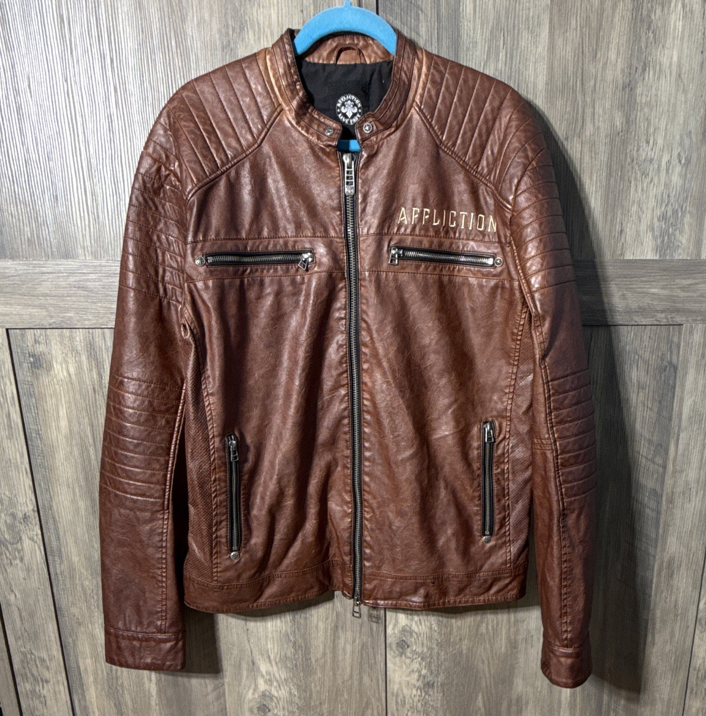 Affliction Brown Leather Biker Jacket Full Zip Zipped Pockets Studded Men L