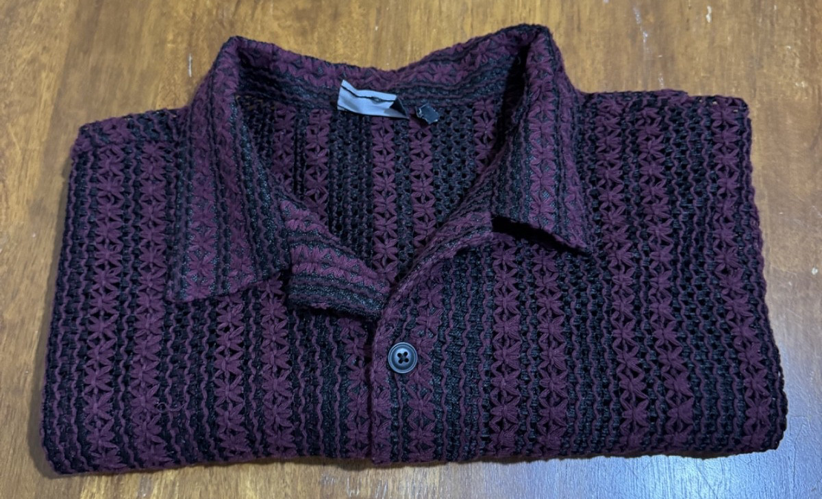 ASOS Design Crochet Lace Knit Shirt Mens 3XL Burgundy Black Stripe Open Weave Ca