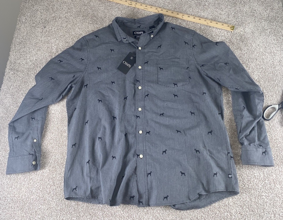 Chaps Stretch Easy Care Button Down Dog All Over print Gray Plaid Mens XL Preppy