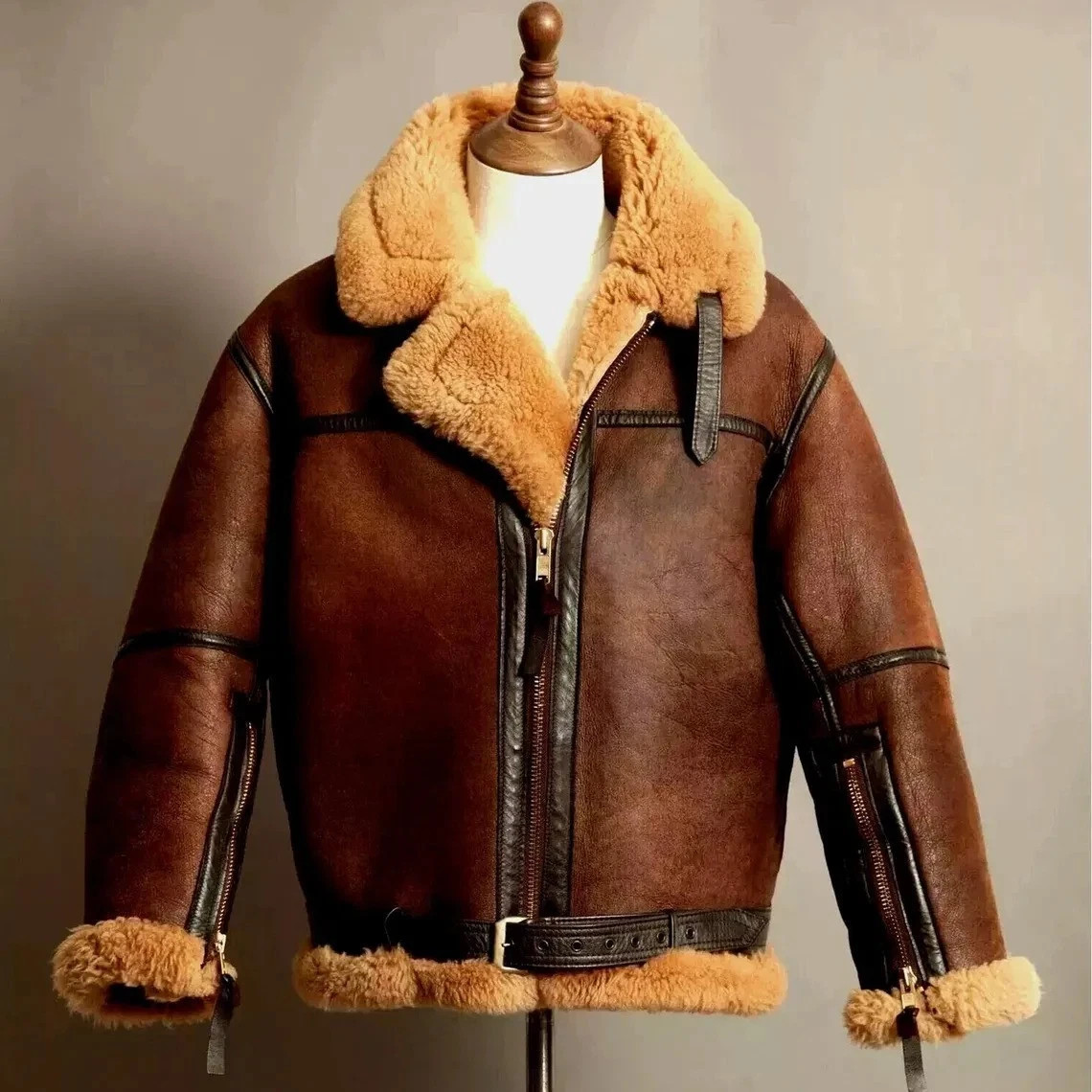 Men’s Brown Bomber Faux Shearling Jacket Real Sheepskin Leather RAF Aviator Coat