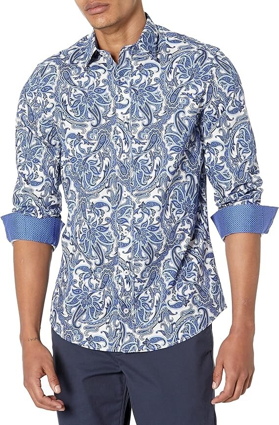 Nick Graham $70 Wrinkle-Free Navy Paisley Cotton Dress Shirt S 14.5-15/32-33 NWT