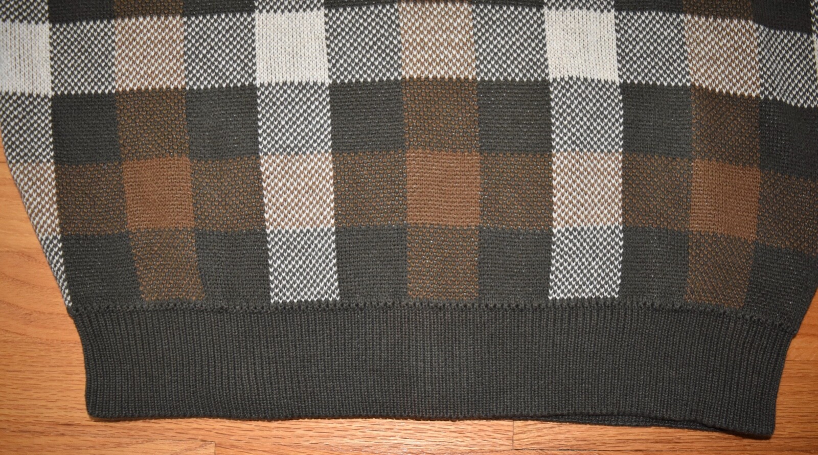 Woods & Gray Brown Plaid Knit Sweater Crewneck Check Aprés Ski Cotton Mens M