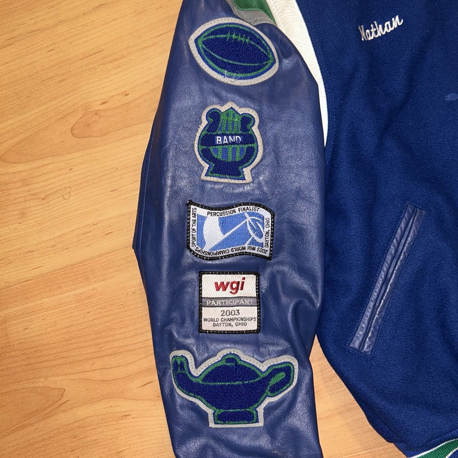 06 Holloway Men’s XL Blue/Green Varsity Jacket Snap Front Patches Lined Pockets