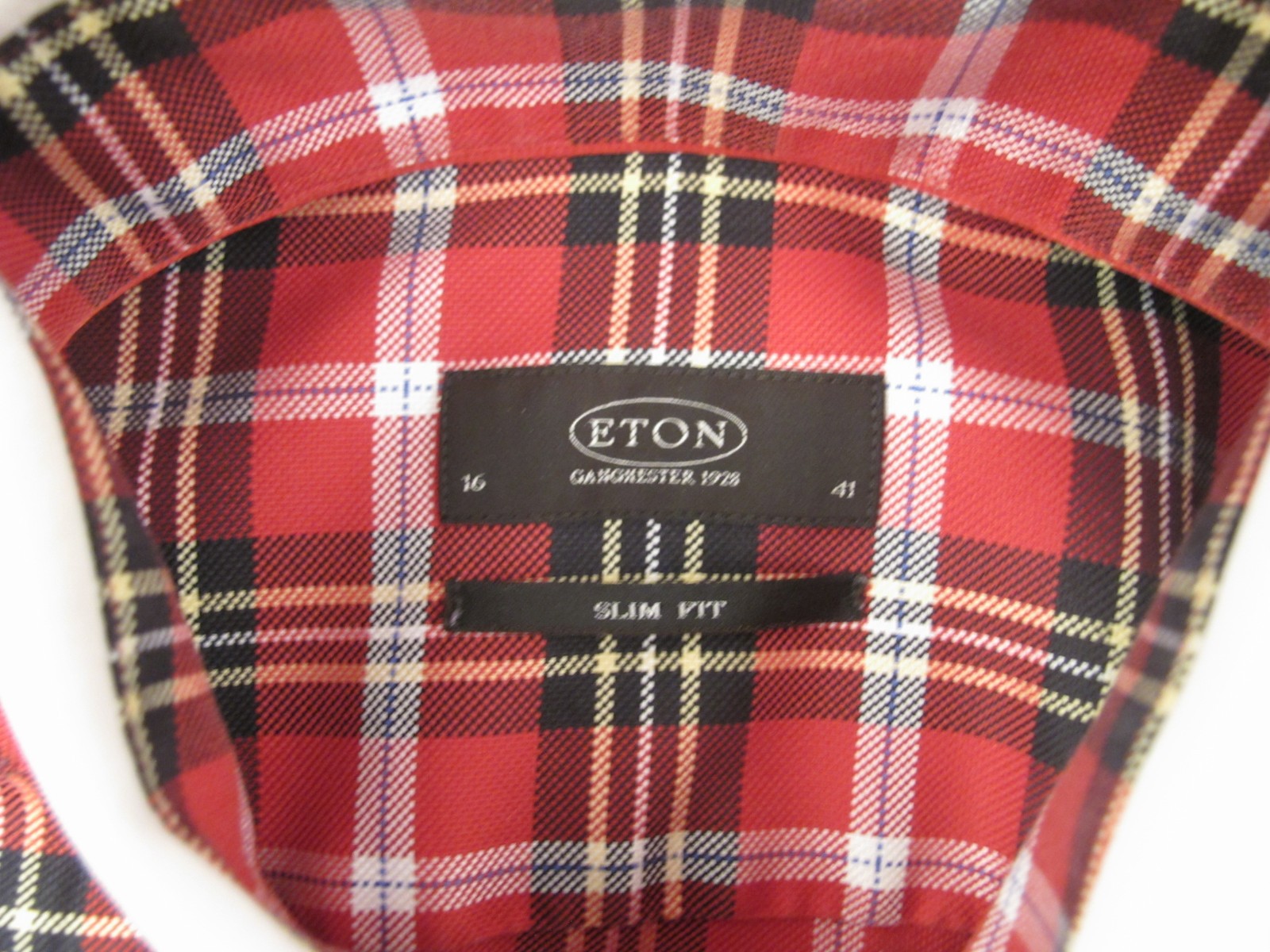 Eton Slim Fit Men’s Red Tartan Check Shirt 16 41 White Contrast Collar Cotton