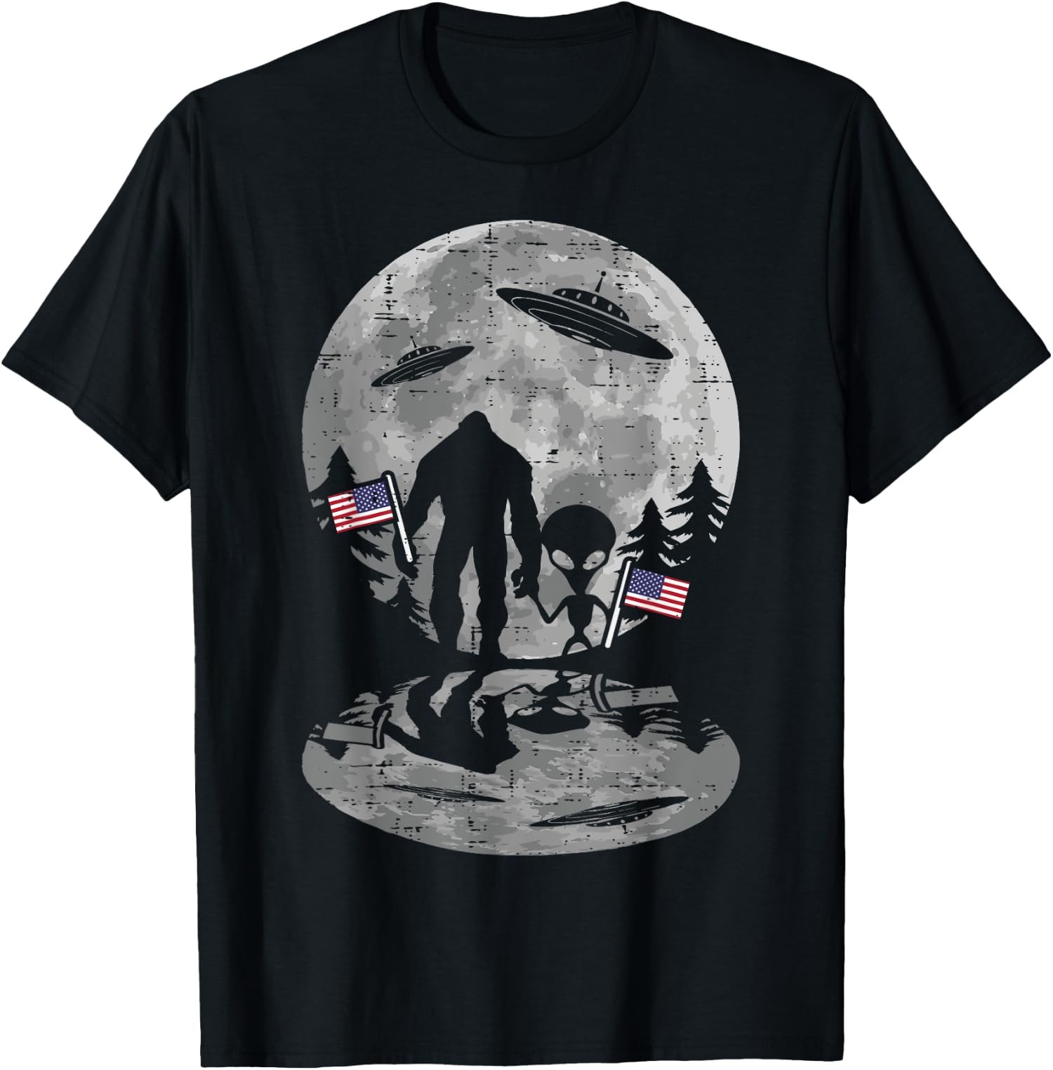 Funny Bigfoot Alien UFO 4th of July Patriotic Shirt f Unisex T-Shirt