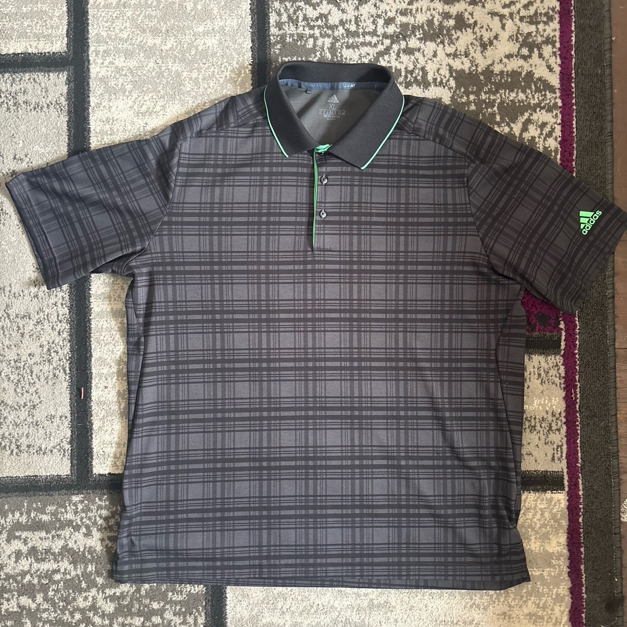 Adidas Climacool Primegreen Golf Polo Shirt Men XL Gray Plaid Neon Green Athlete
