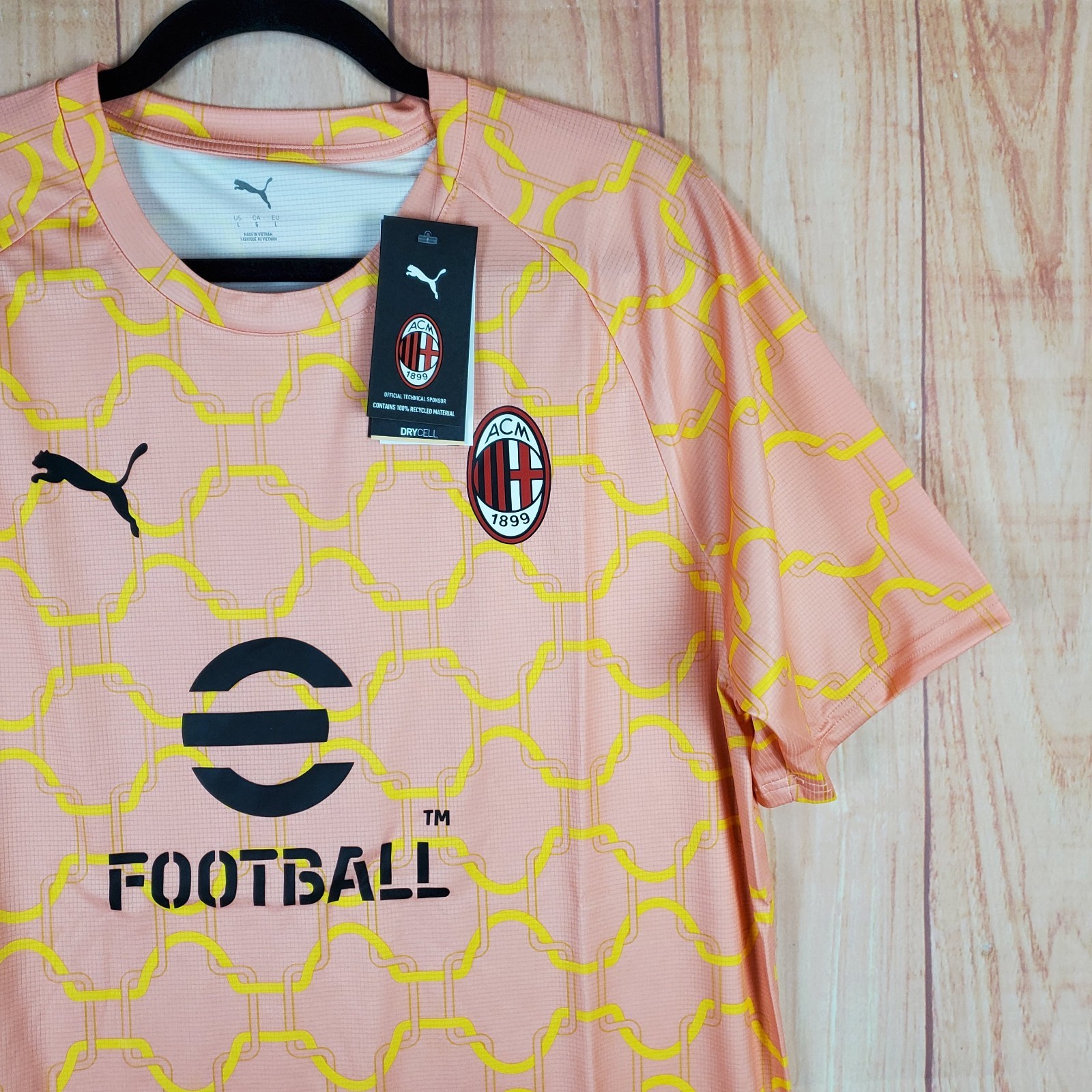 Puma AC Milan Mens Jersey Large Pink Yellow Polyester Crew Neck Short Sleeve