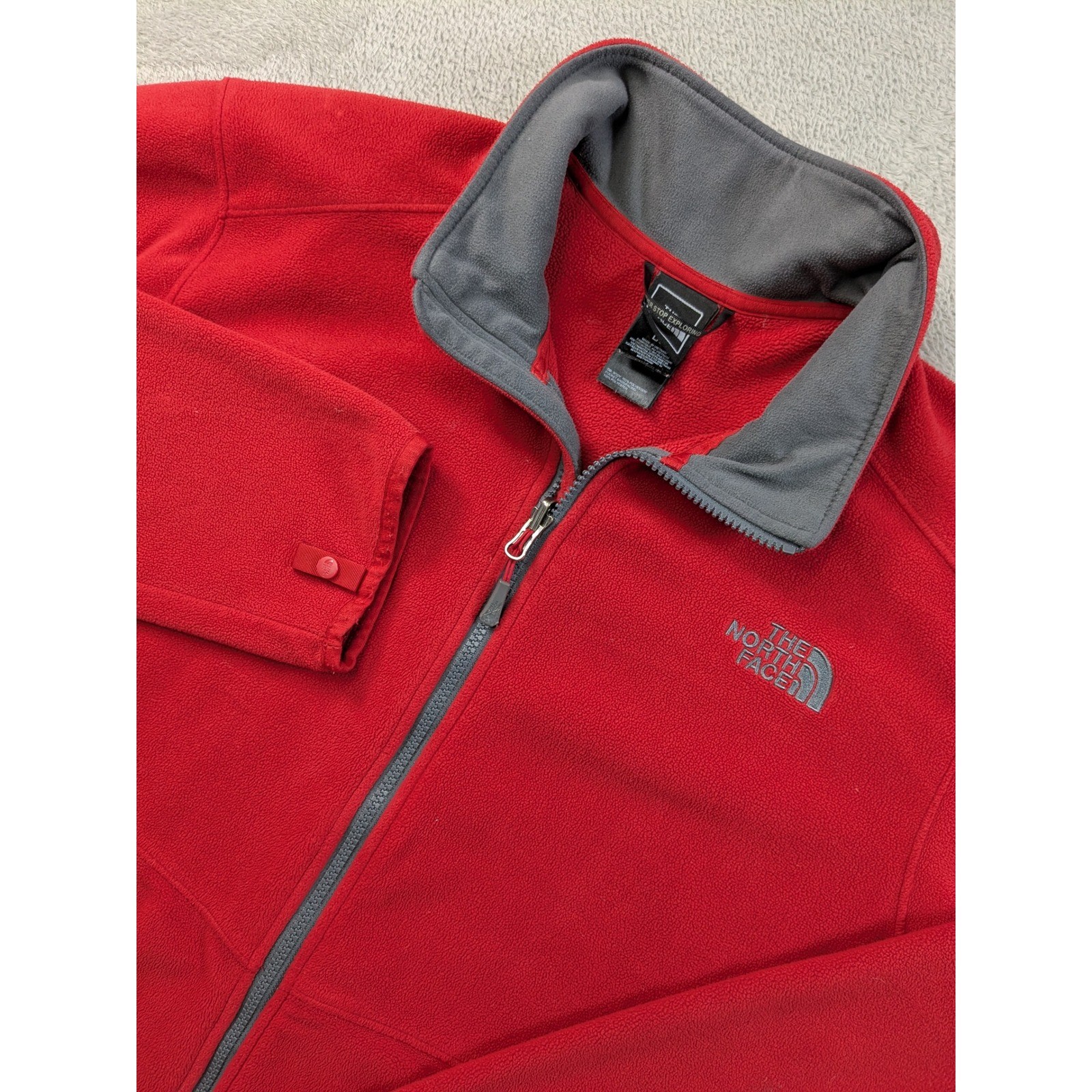 The North Face Mens Full Zip Fleece Jacket Red Gray Large TKA 100 Hiking Coat