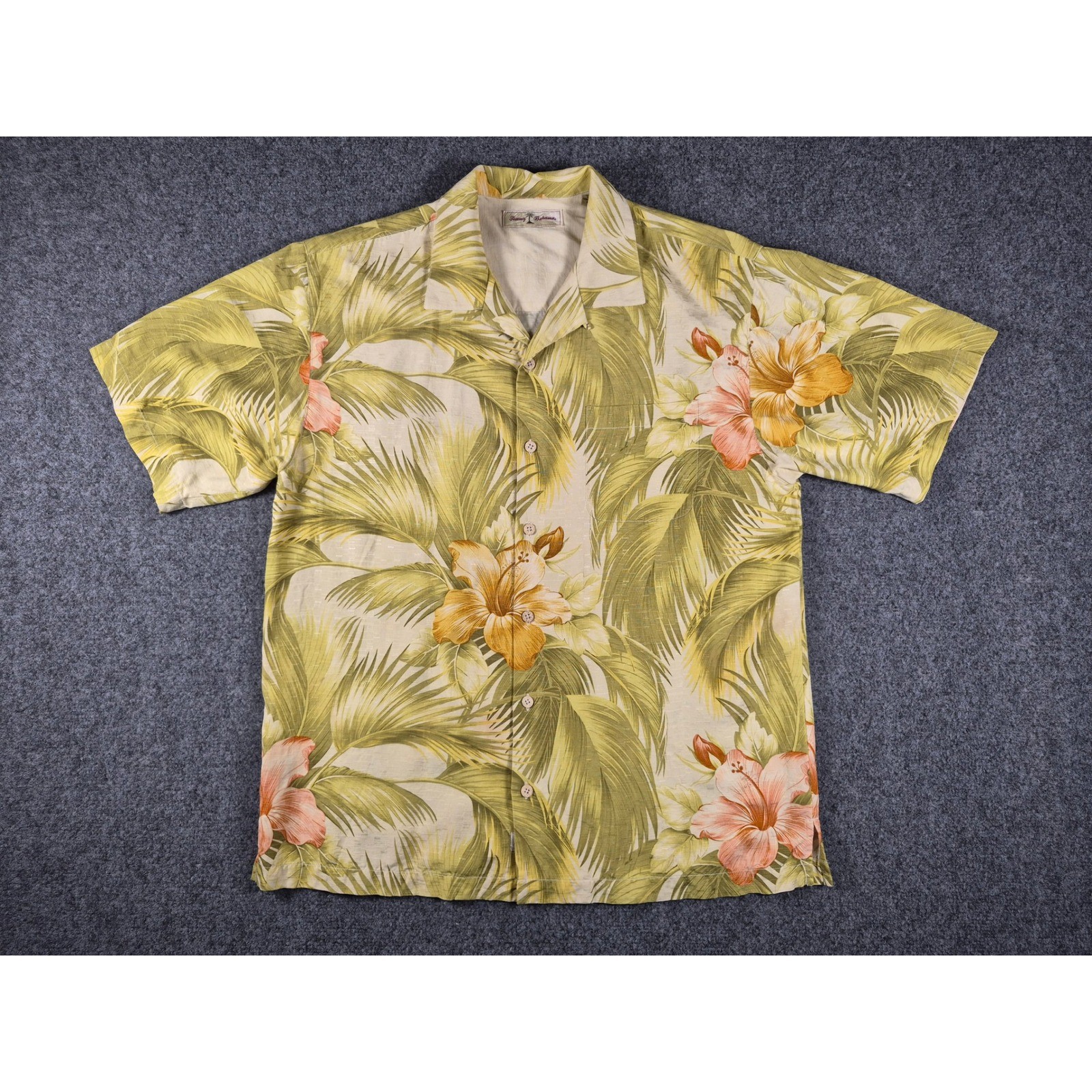 Tommy Bahama Mens Medium Silk Tropical Floral Palm Leaf Camp Shirt Green Yellow