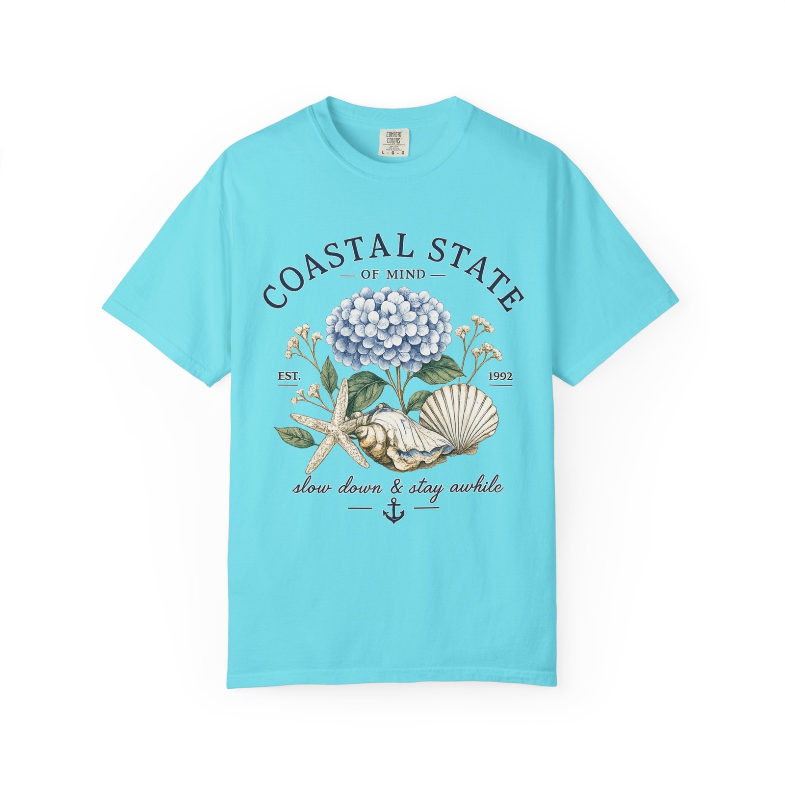 Coastal State of Mind Shirt, Comfort Colors Hydrangea Seashell Beach Tee