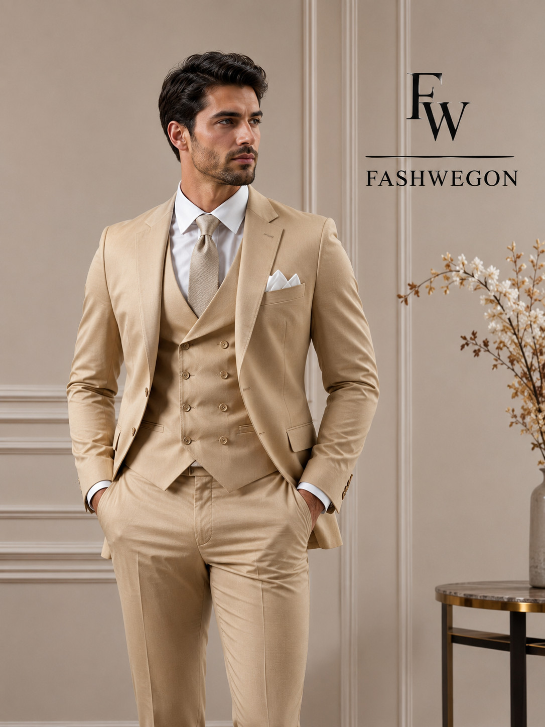 FASHWEGON Men’s Beige 3 Piece Suit Slim Fit Wedding Formal Prom Business Suit