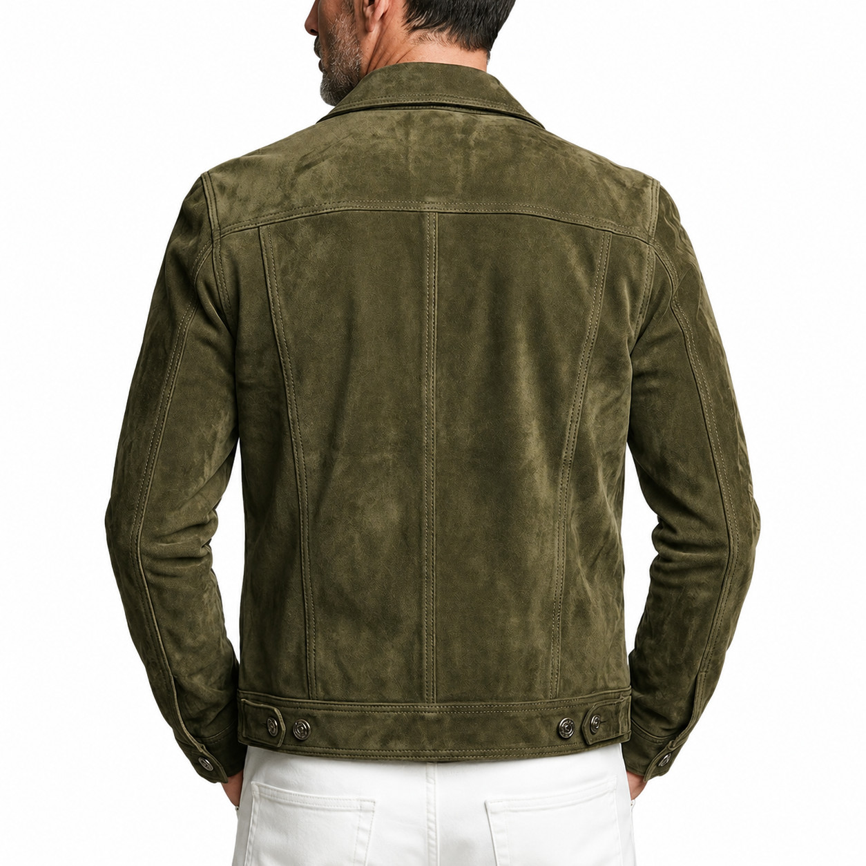 Men Olive Green Suede Trucker Jacket Real Lambskin Style Outerwear Jeans Jacket