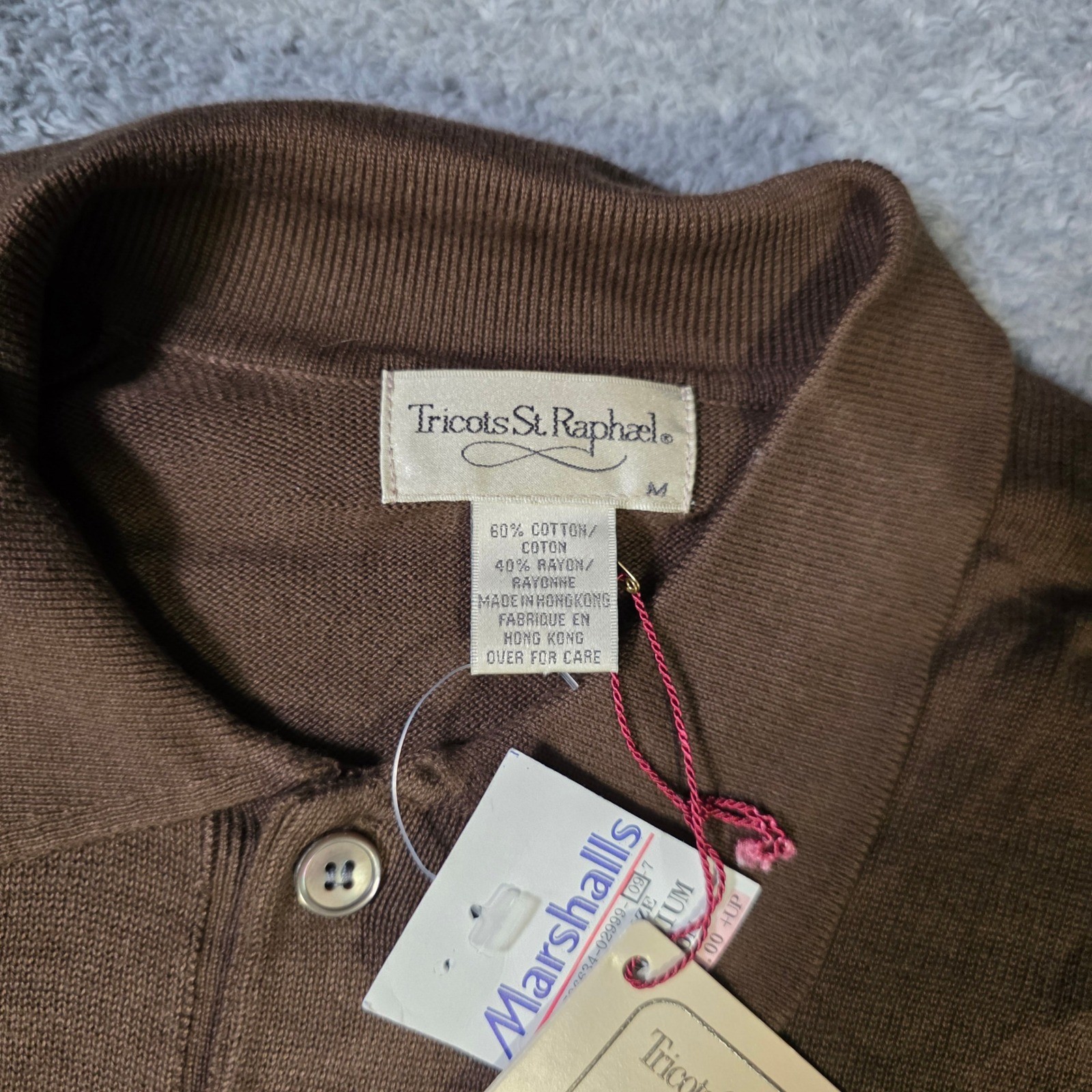 Tricots St Raphael Mens Medium Polo Sweater Brown British Taupe Cotton Rayon NWT