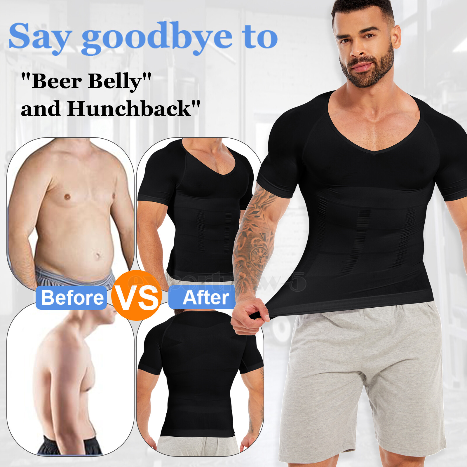 V-Neck Compression Posture Corrector T-shirt Men Body Slimming Tummy Body Shaper