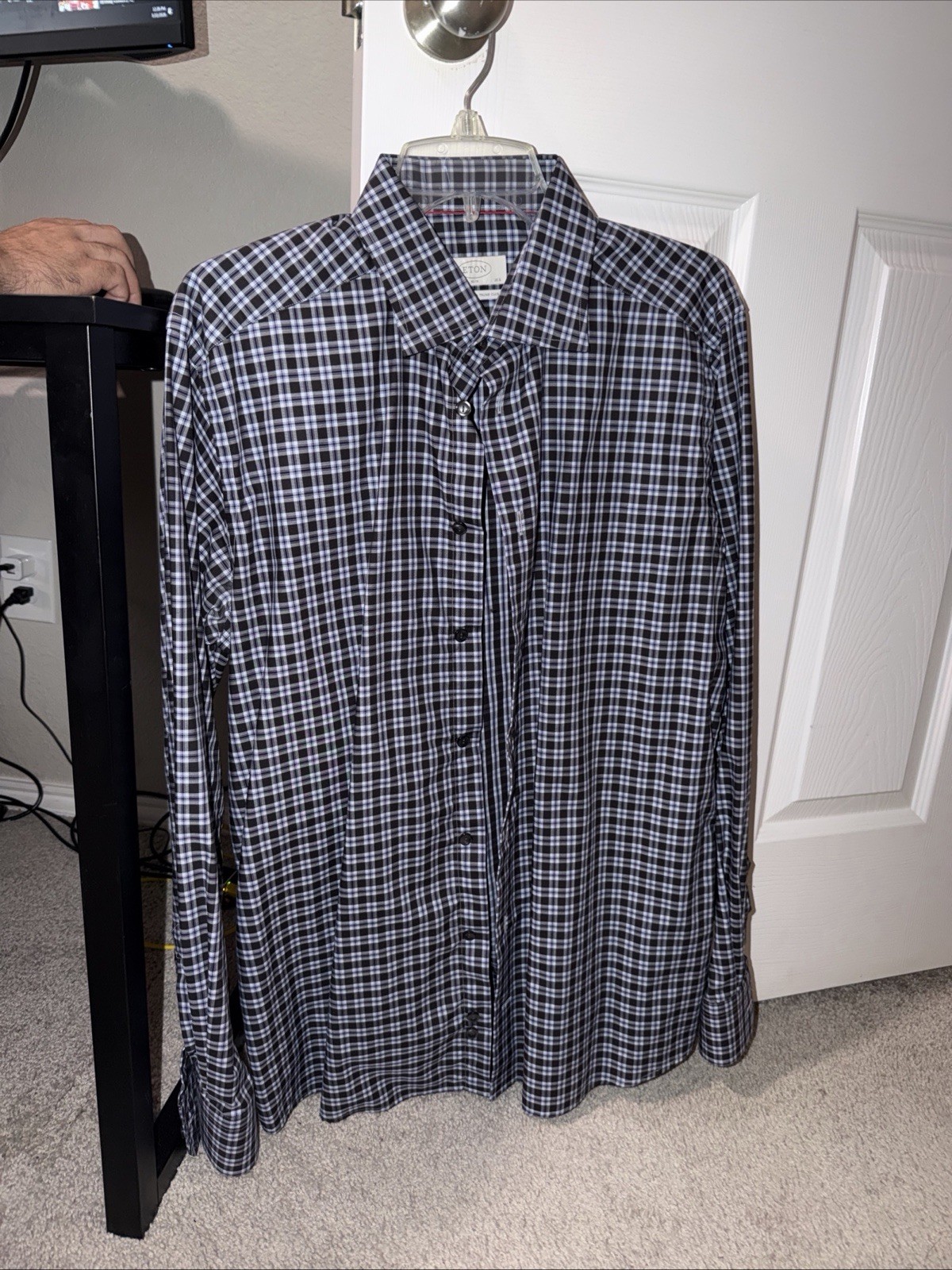 Plaid Eton Button Down Slim 42 16 1/2 Blue Brown