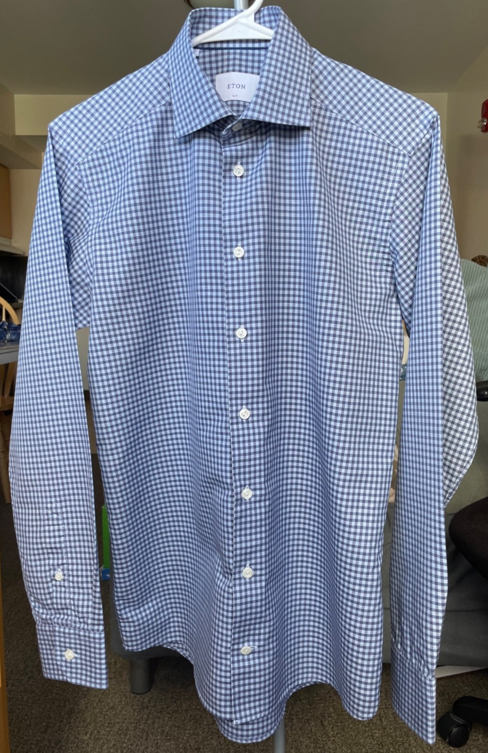 Eton 38 15 Slim Blue White Gingham Cotton Linen Dress Shirt Made in Europe