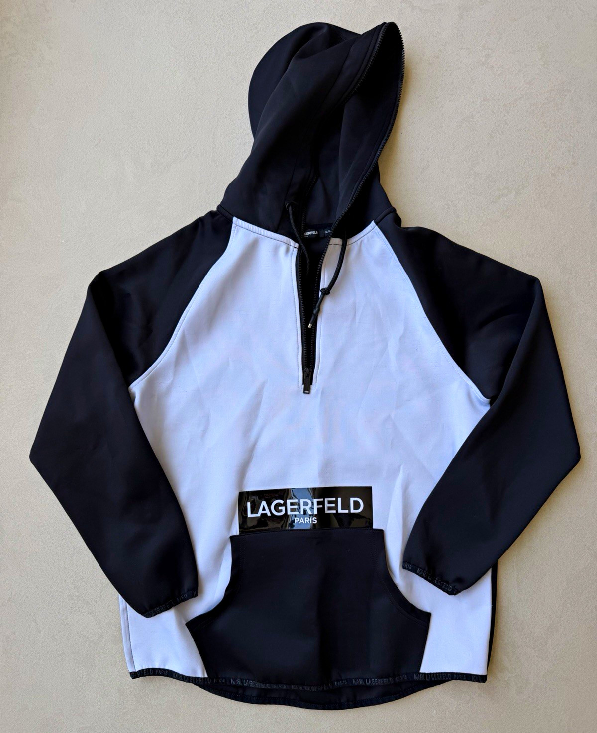Karl Lagerfeld Paris Men’s Colorblock Half Zip Hoodie w/Logo Pockets Size M