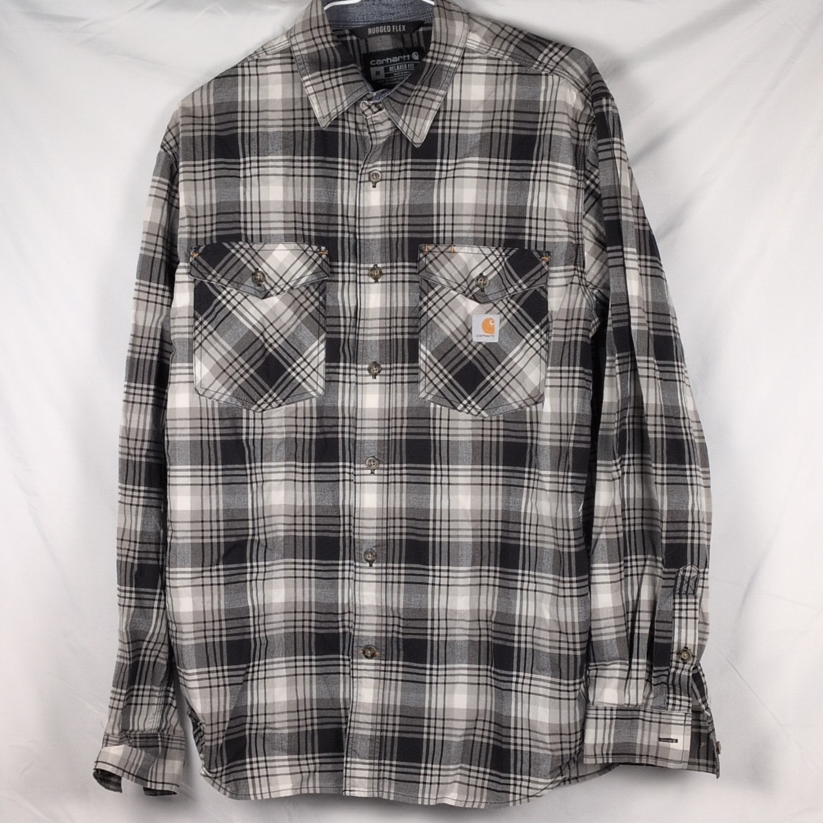 Carhartt Rugged Flex Relaxe Fit Flannel Shirt Mens Size Medium White Black Plaid