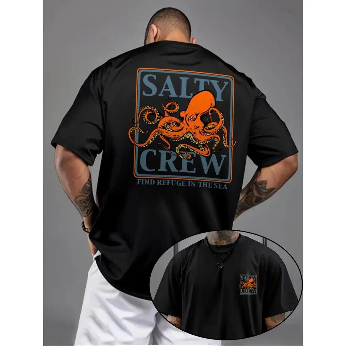 Men’s Octopus Print Round Neck Tee, Fashion Casual Short Sleeve T-shirt