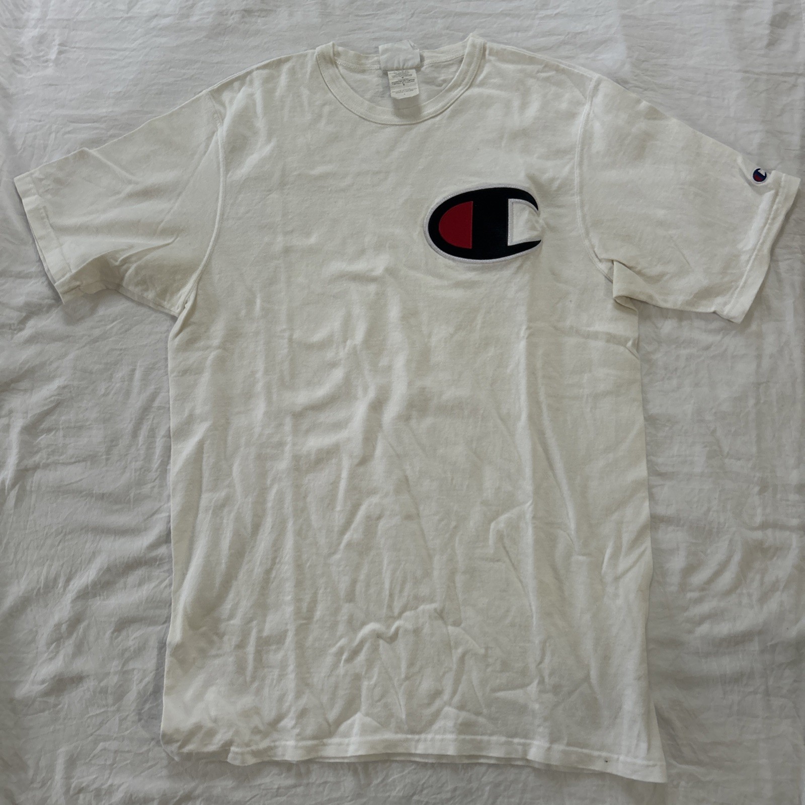 Champion Big Logo Plain T-Shirt Vintage Big Logo White Sz Large