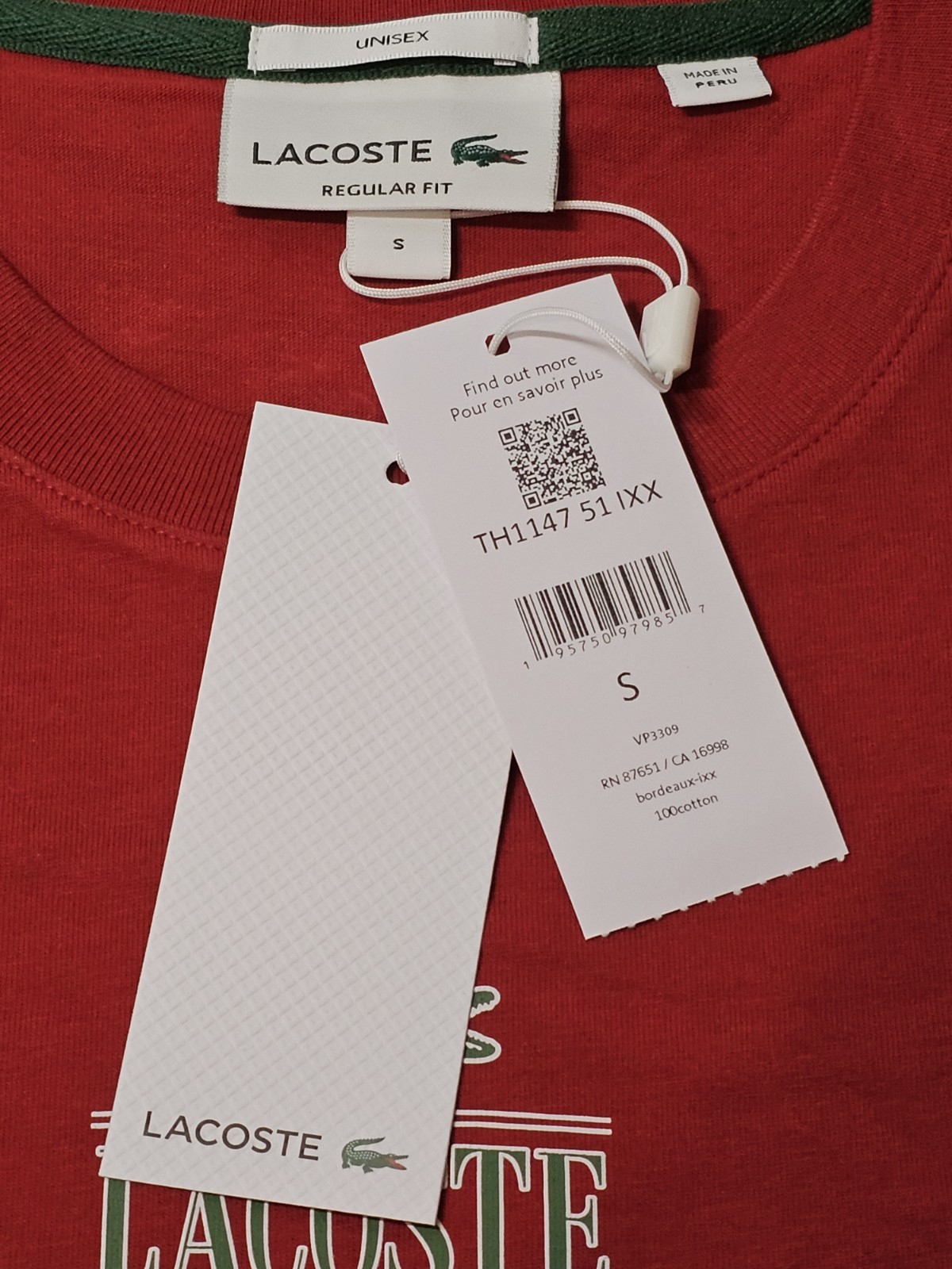 Lacoste Unisex Red Signature Chest Crocodile Logo Tee Size Small