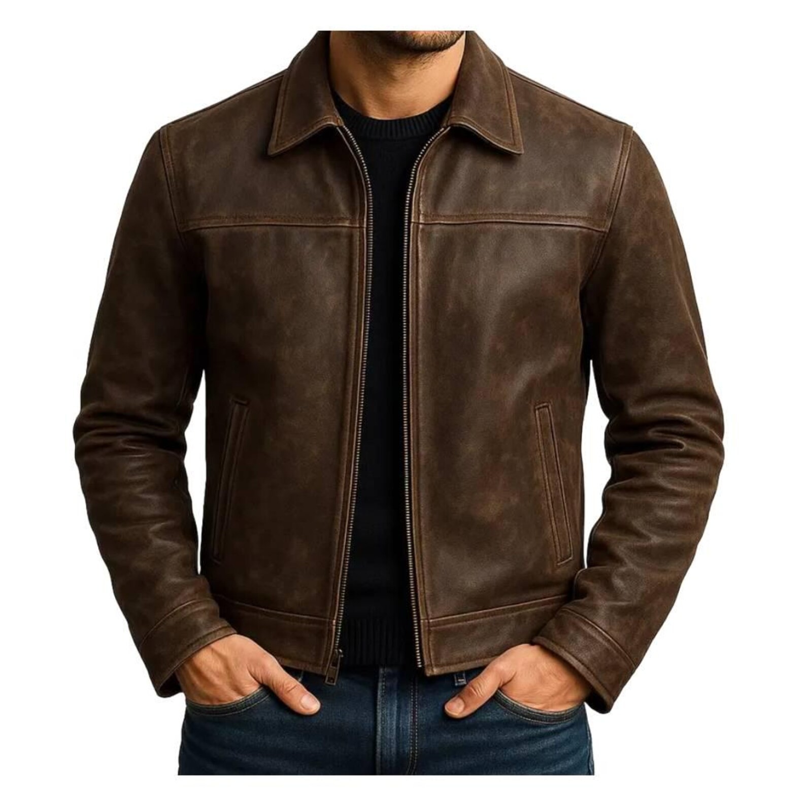 Men’s Distressed Brown Black Café Racer Motorcycle Biker Real Leather Jacket