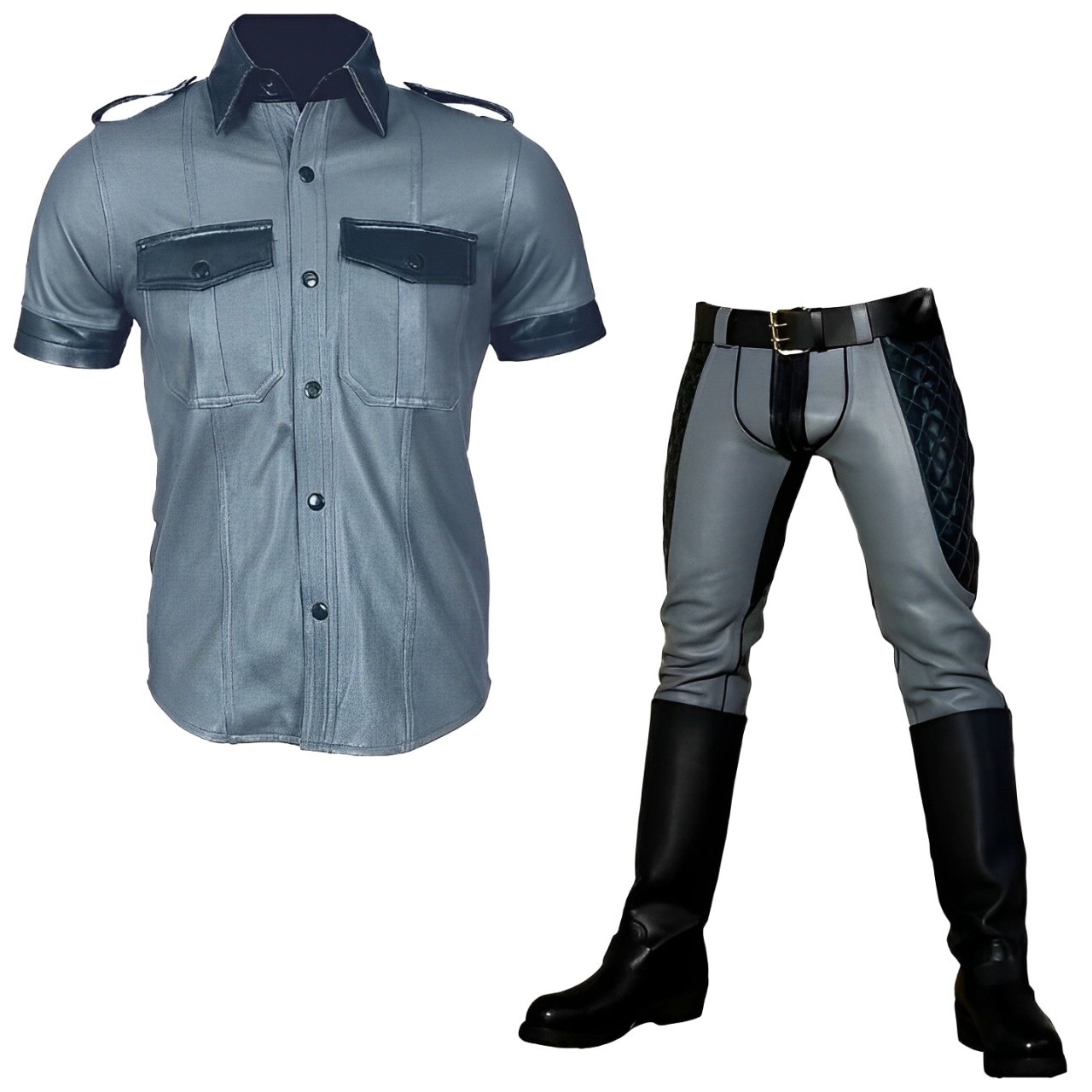 Real Leather Police Uniform Pant and Shirt Mens Leather Shirt Pants Bluf Gay