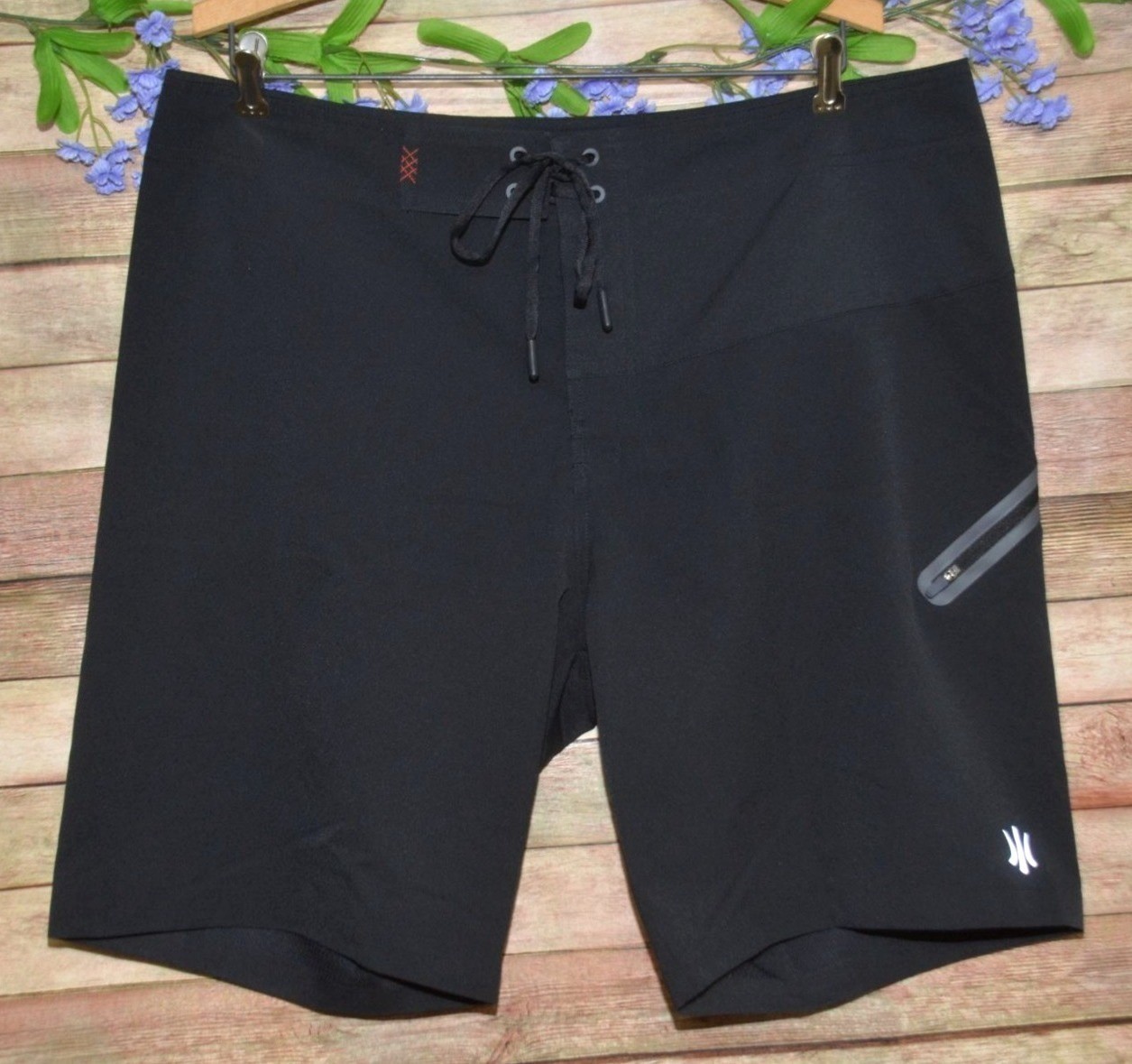 Rhone Black Unlined Board Short Swim Trunks Size 36 Zip Pocket Lace Up Quick Dry