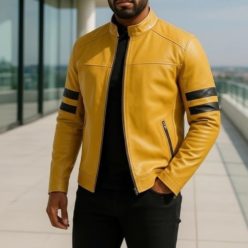 Men’s Yellow Leather Jacket Genuine Lambskin Motorcycle Biker Jacket Black Strip