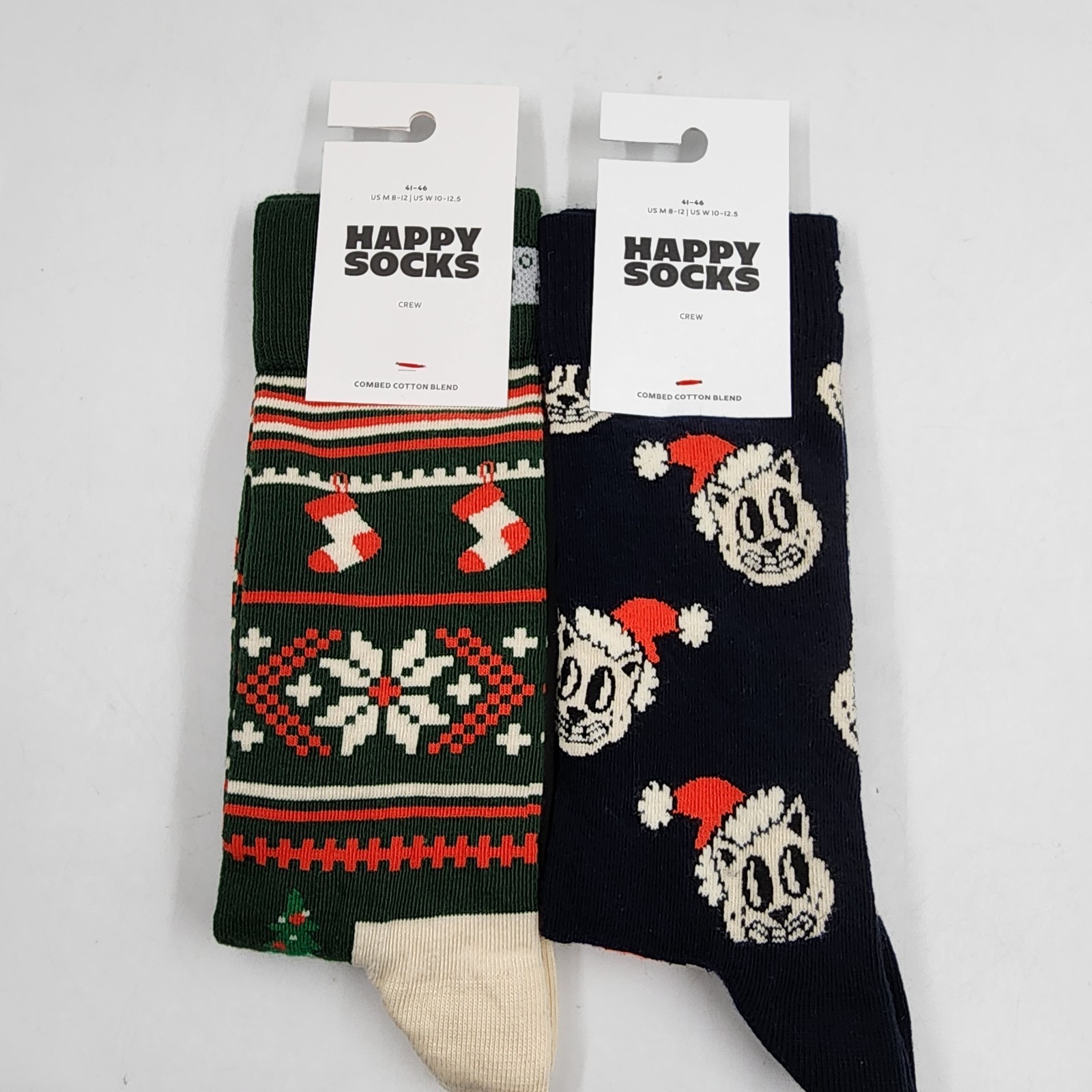 Happy Socks Christmas/Holiday Cat Sweater Crew Socks Unisex M 8-12/W 10-12.5 2pk
