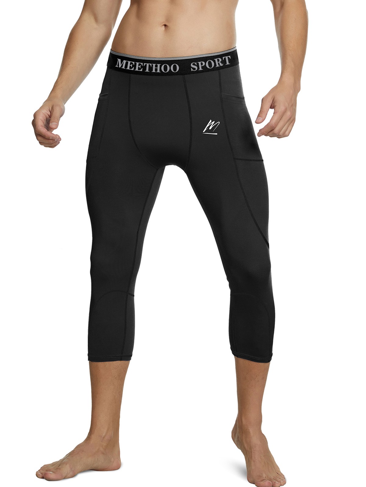 Mens 3/4 Compression Pants with Pocket Leggings Workout Gym Outdoor Sports Black
