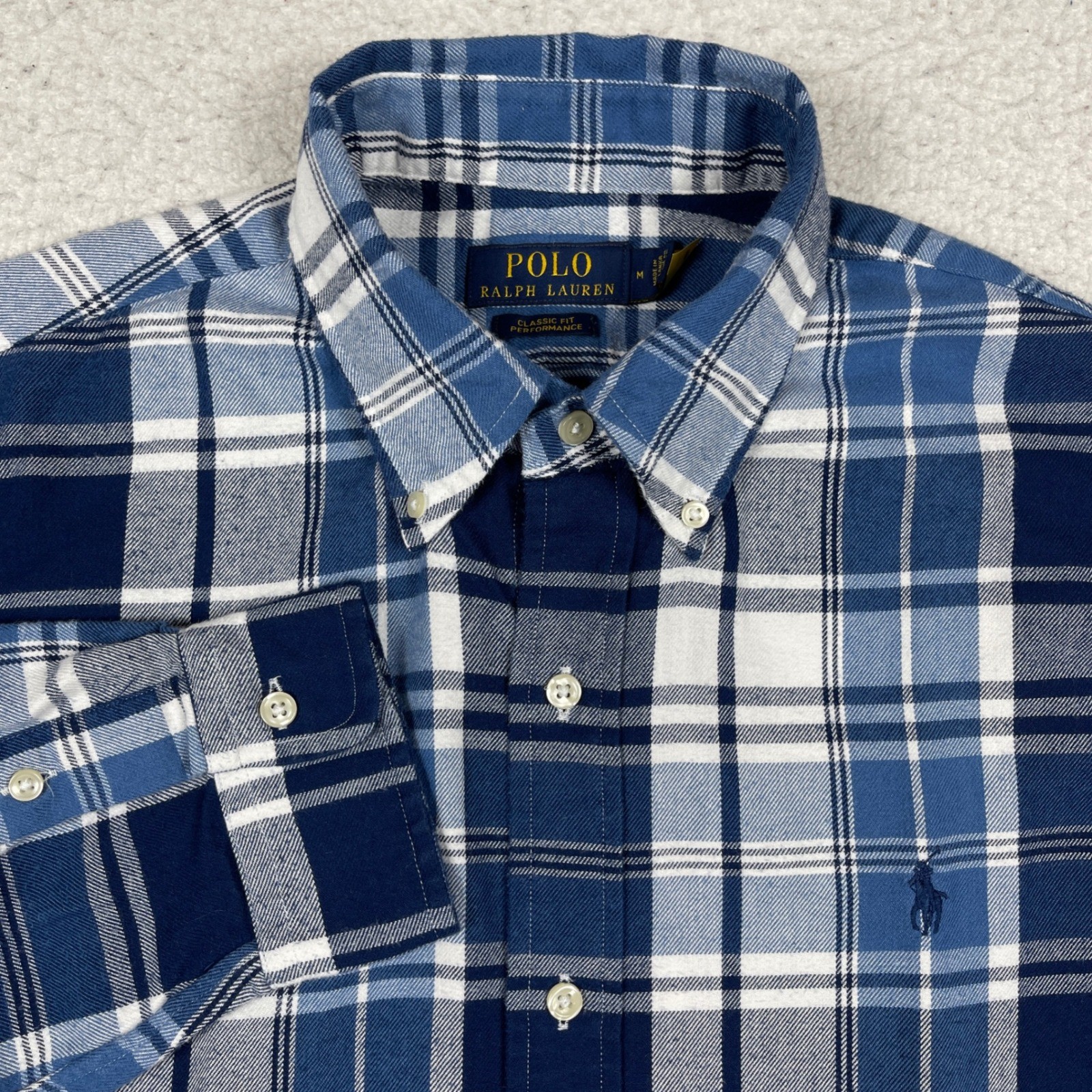 Polo Ralph Lauren Button Down Mens Medium Blue White Plaid Classic Performance