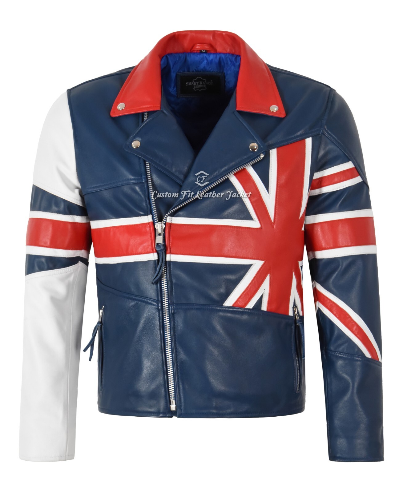 Men’s Biker Cross Zip UK Union Flag Brando Motorcycle Lambskin Leather Jacket