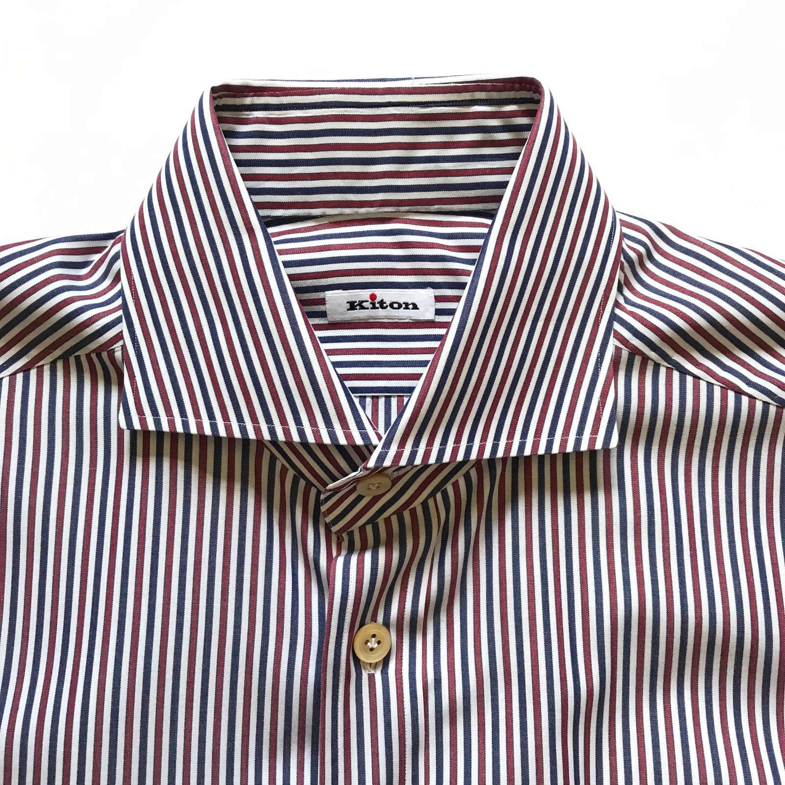 KITON Button Down Sport Shirt Mens 40 16 Red White Blue Stripe Print Long Sleeve