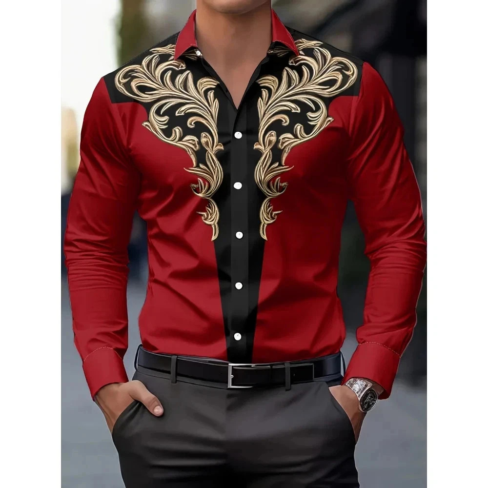 Men’s Western Cowboy Shirt Long Sleeve Retro Printing Casual Buttons Down Shirt