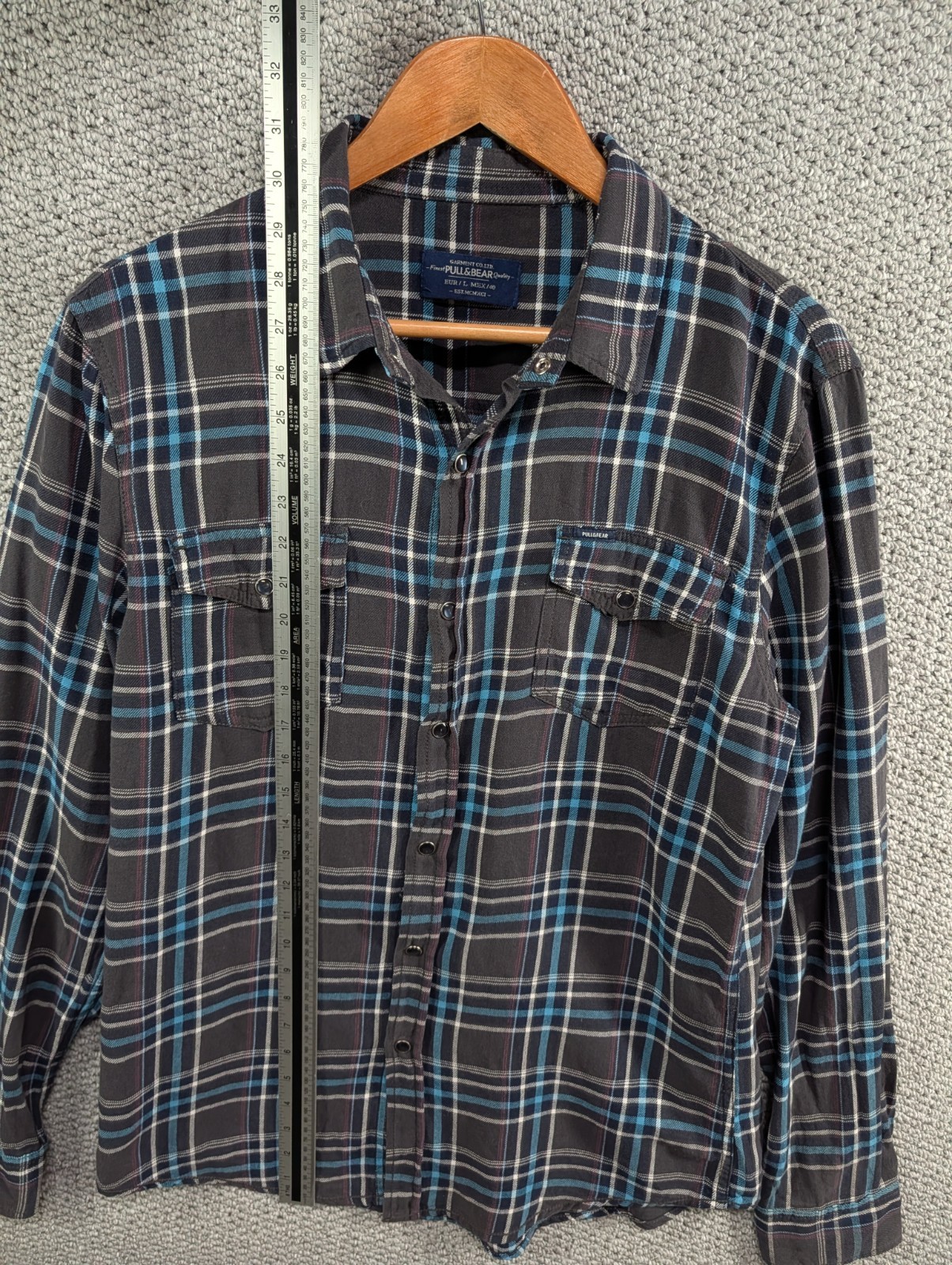 Pull & Bear Men’s Grey Blue Plaid Flannel Worker Snap Button Shirt L