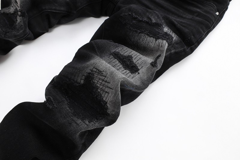Men’s Black Ripped Distressed Skinny Jeans /Patch Details /Comfort Stretch Denim