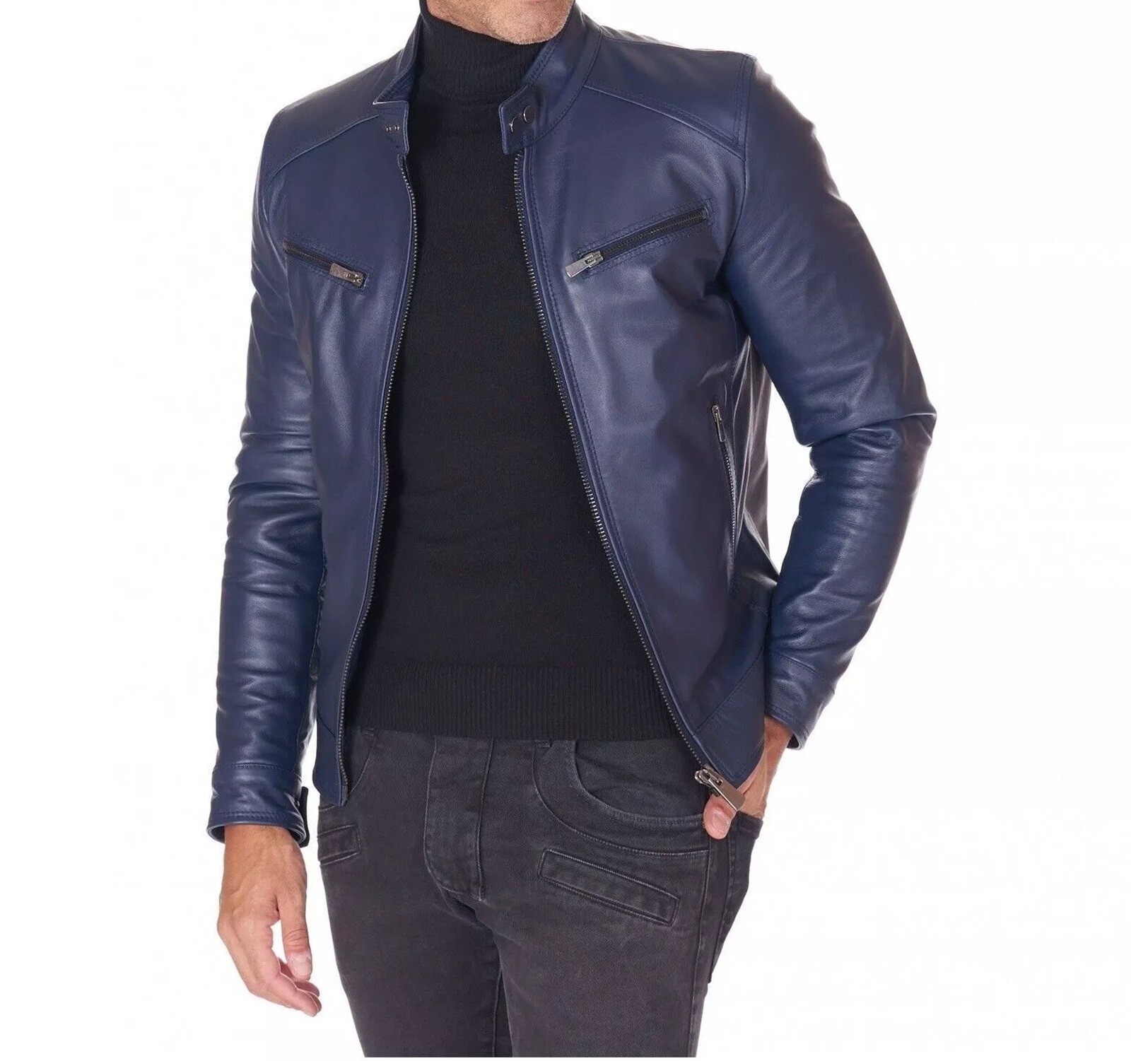 Men’s Navy Blue Leather Jacket 100% Real Lambskin Bomber Biker Motorcycle Jacket