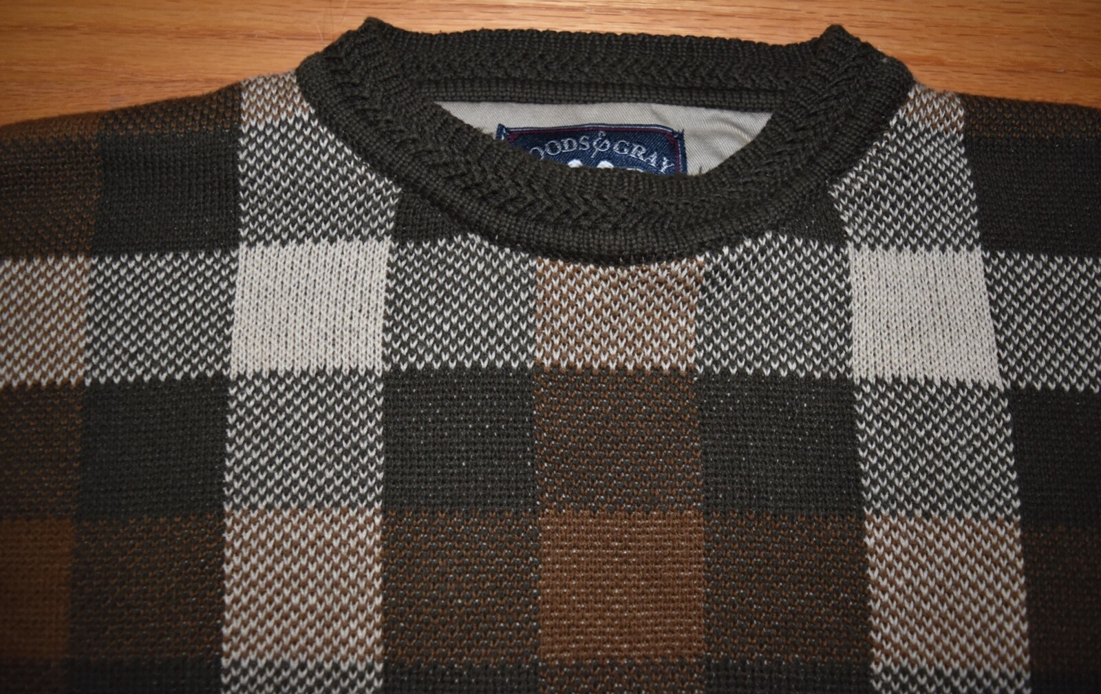 Woods & Gray Brown Plaid Knit Sweater Crewneck Check Aprés Ski Cotton Mens M
