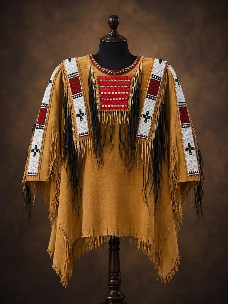 Men Western Cowboy Suede Fringe Beaded Native American Inspire Leather Jacket