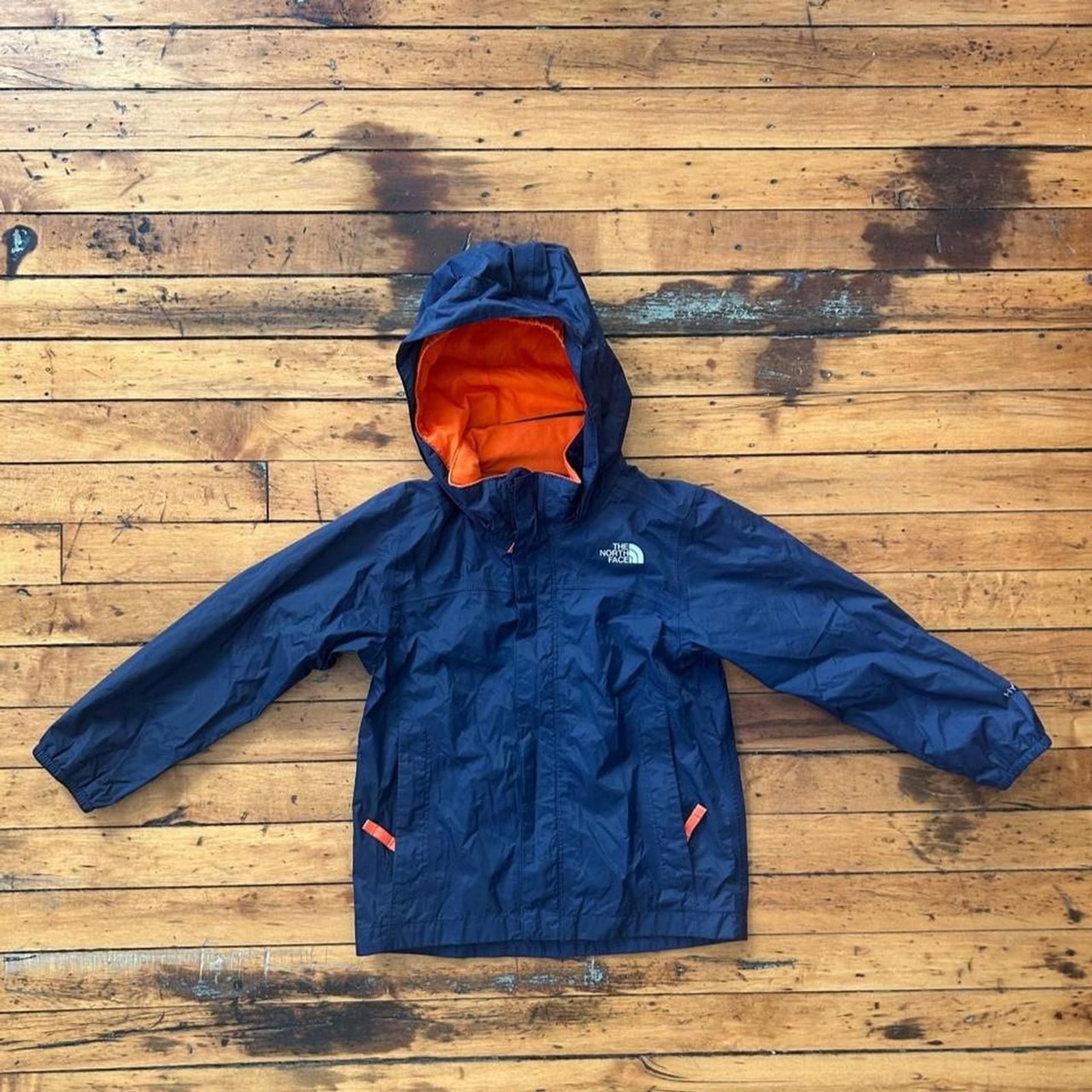 The North Face Boys Rain Jacket Navy Blue Orange Hooded Windbreaker Size XXS 5