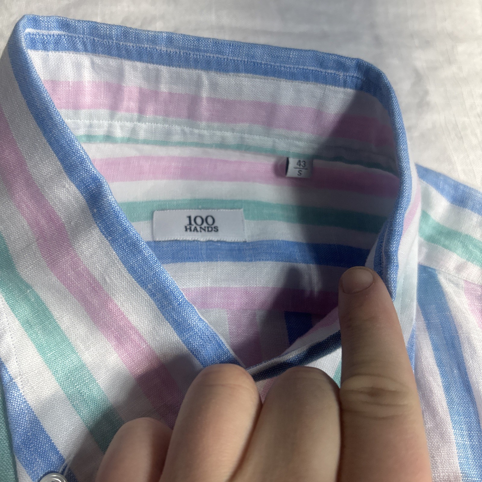 100 HANDS LINEN PASTEL STRIPE Men’s Shirt Button Up Blue Pink Green Size Small